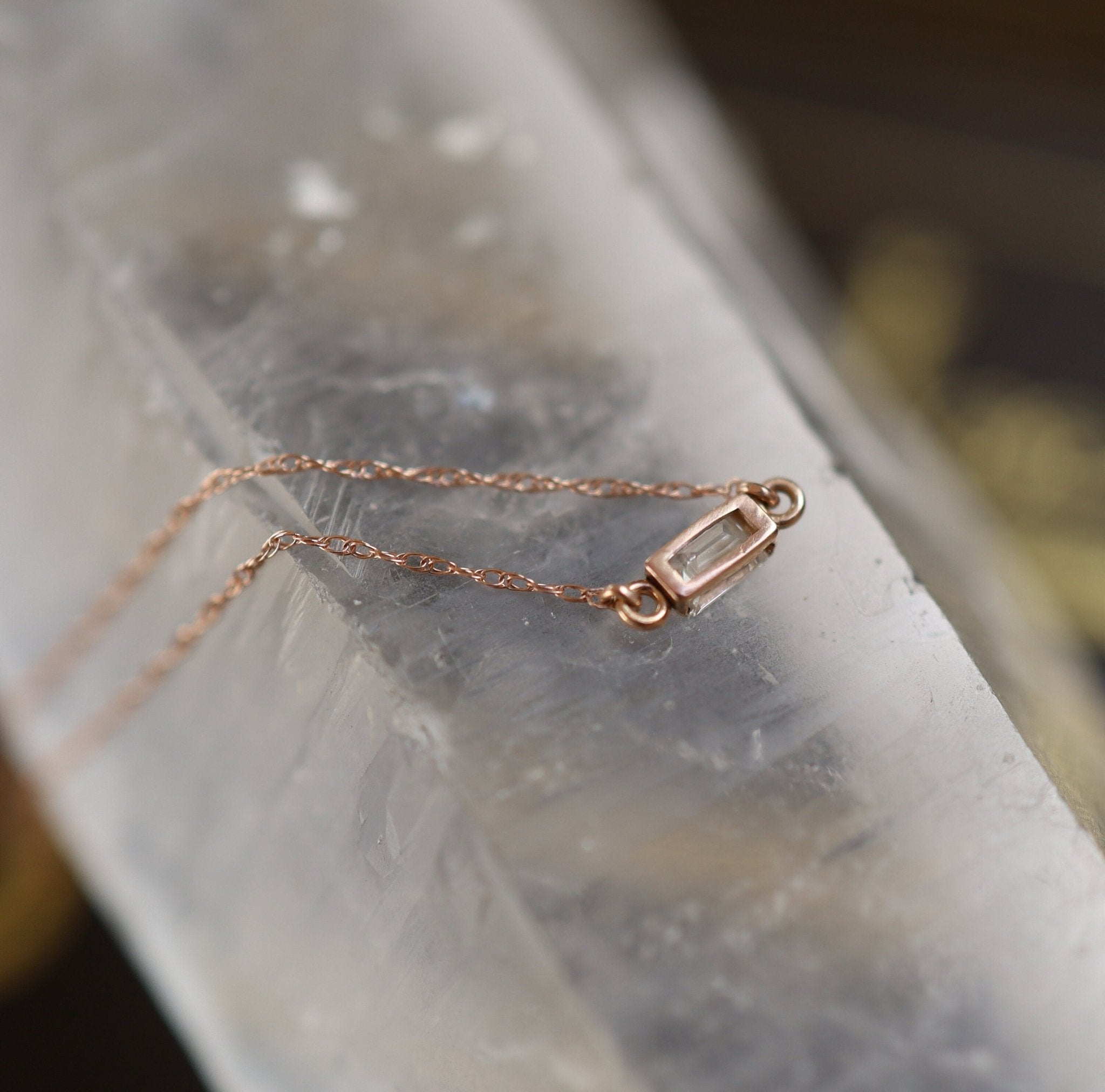 Recycled Baguette Diamond Necklace in 14k Rose Gold Minimalist Style - Petra Star