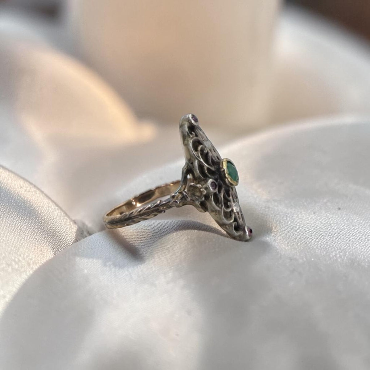 Austro-Hungarian Silver & 14K Gold Ring — Emerald, Rubies & Rose-Cut Diamonds, Early-Mid 19th Century