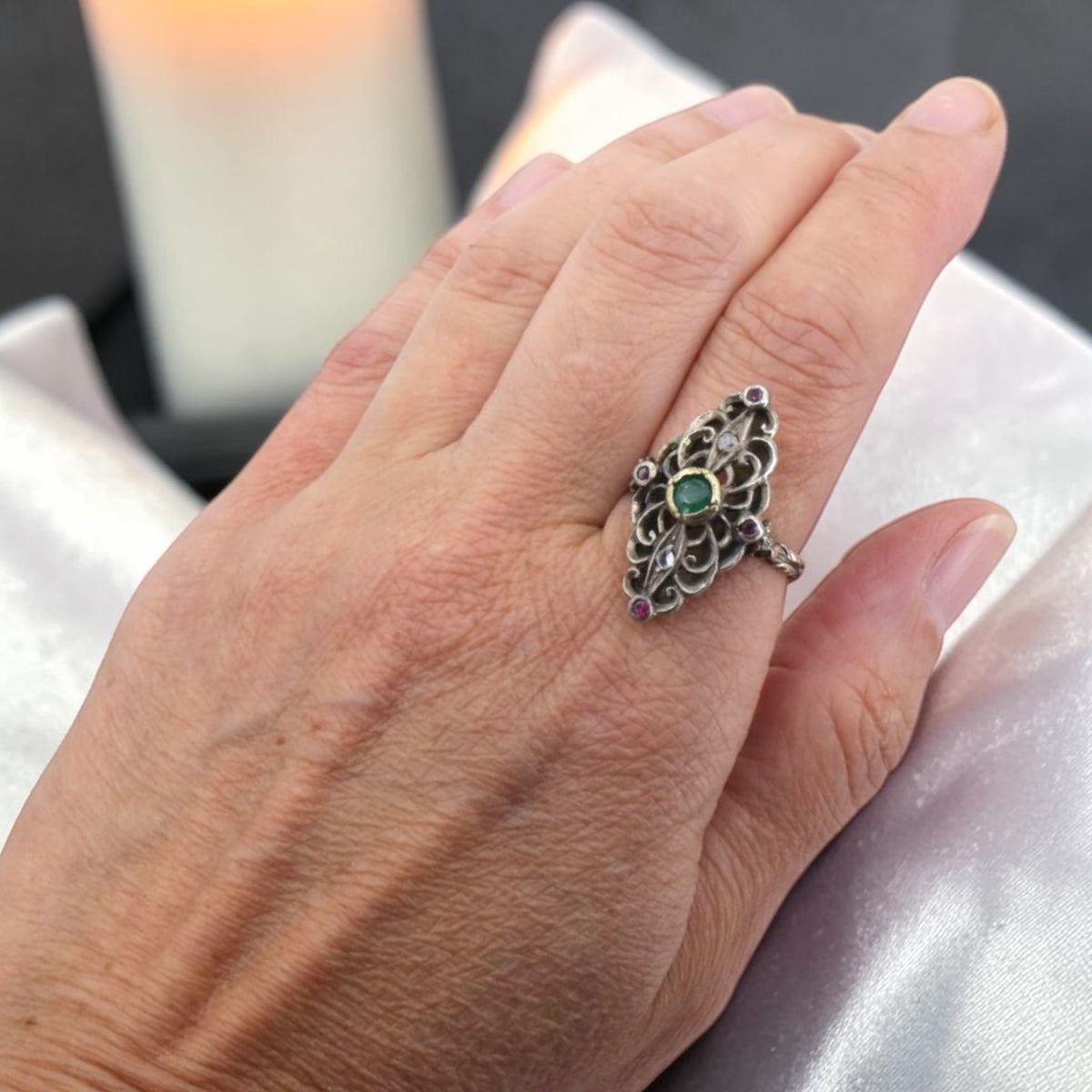 Austro-Hungarian Silver & 14K Gold Ring — Emerald, Rubies & Rose-Cut Diamonds, Early-Mid 19th Century