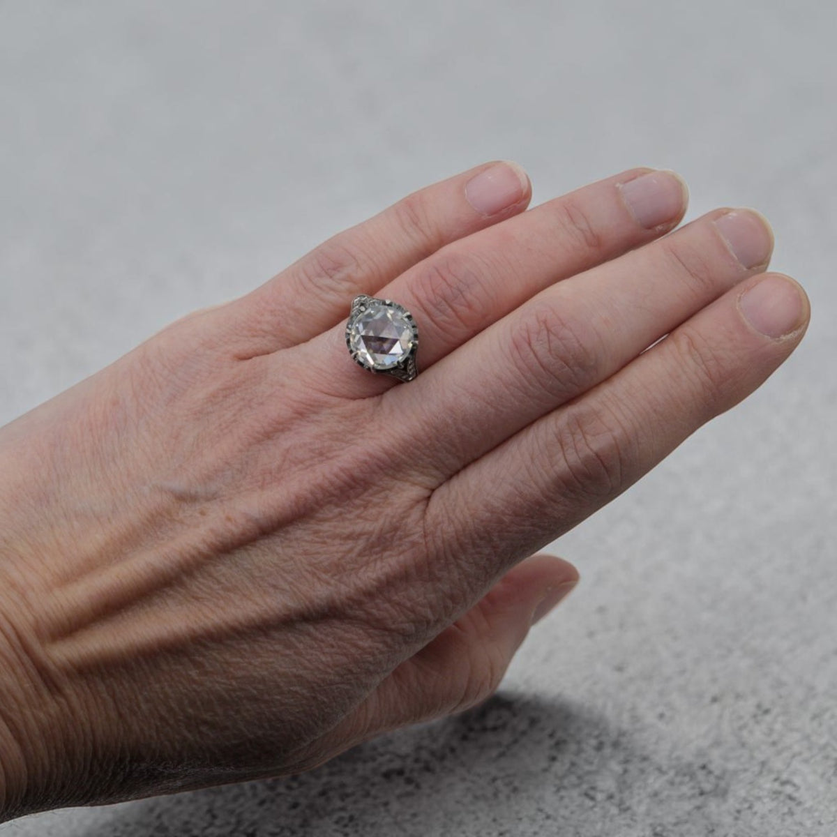 Antique Silver-Topped 14K Gold Ring with 2 Carat Round Rose Cut Moissanite — Pre-1850 Mounting, Size 6