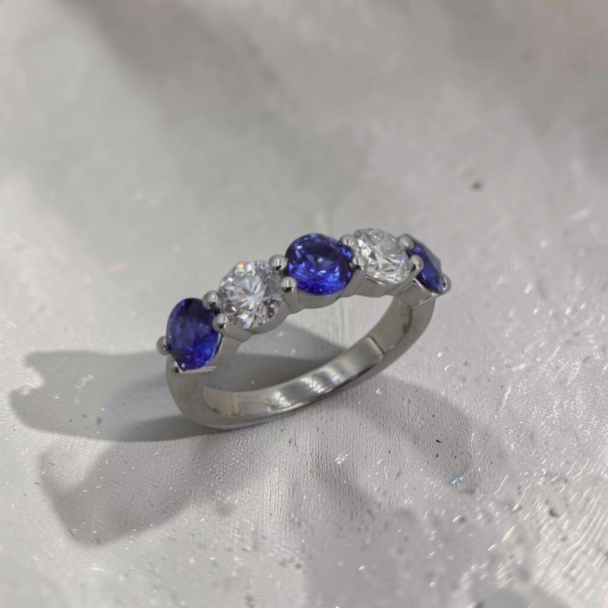 Sapphire & Diamond Five Stone Band | 1.60ctw Blue Sapphires, 0.90ctw F/VS Diamonds | Custom Shared Prong | Petra Star - Petra Star