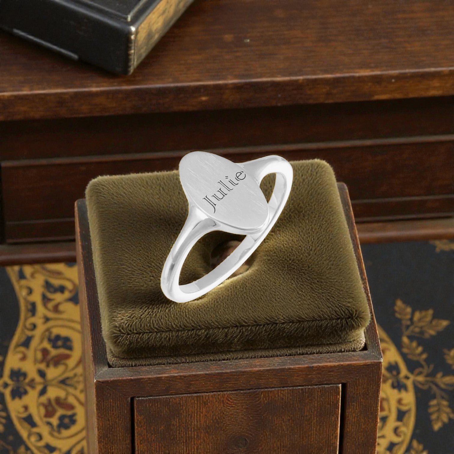 Silver Elongated Oval Signet Ring with Brush Finish - Petra Star