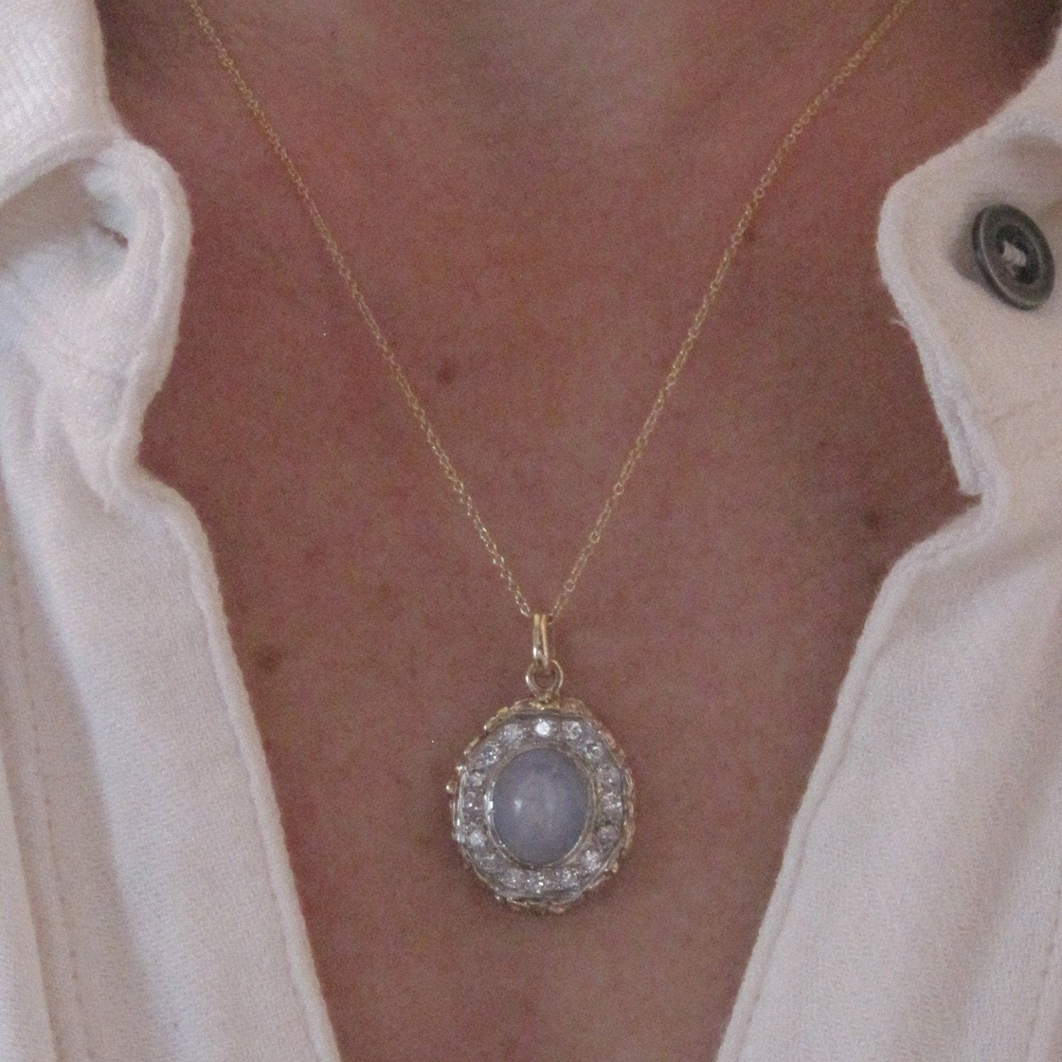 Star Sapphire & Diamond Halo Pendant - Petra Star
