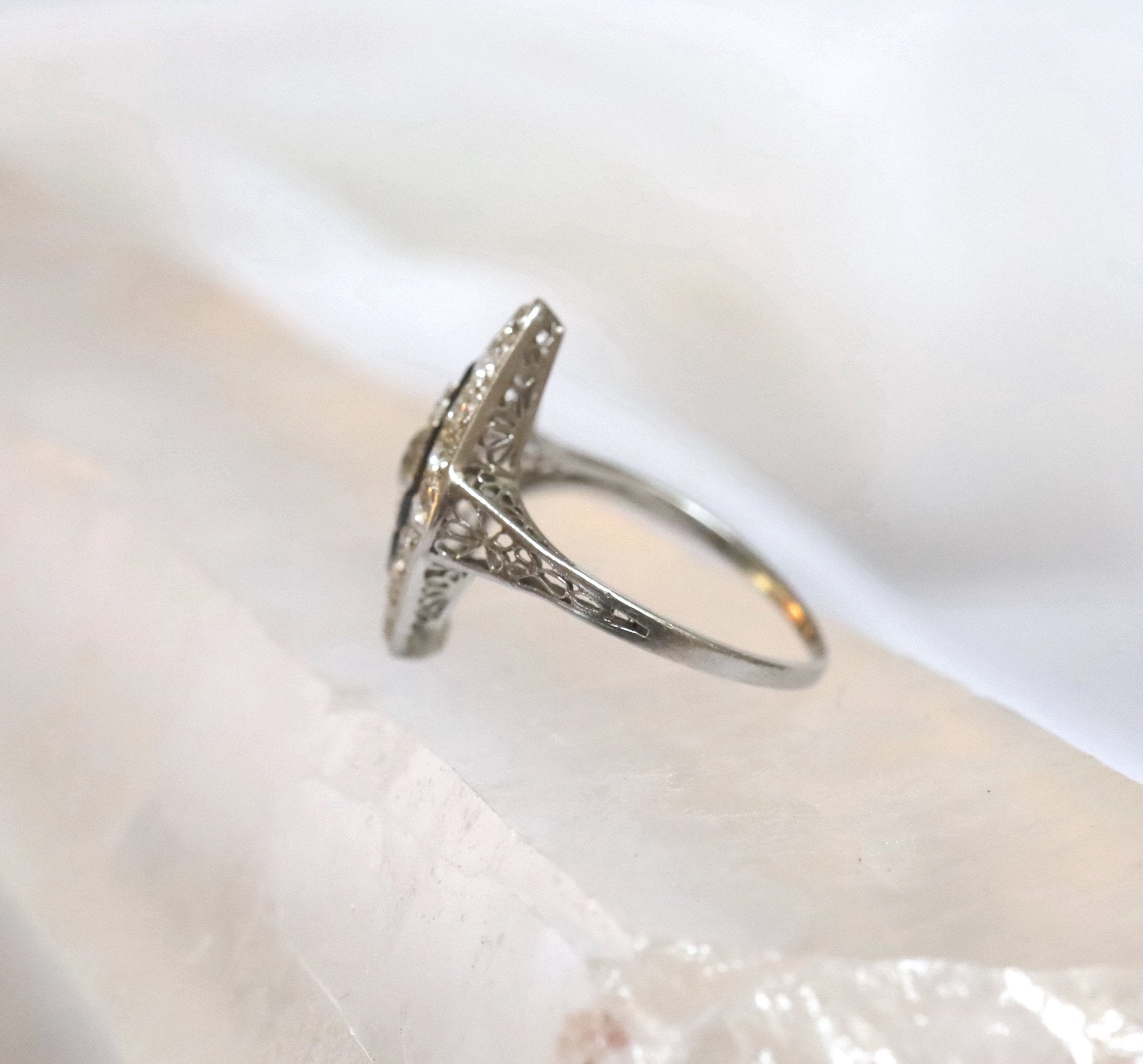 Stunning Platinum Art Deco Engagement Ring with Black Onyx - Petra Star