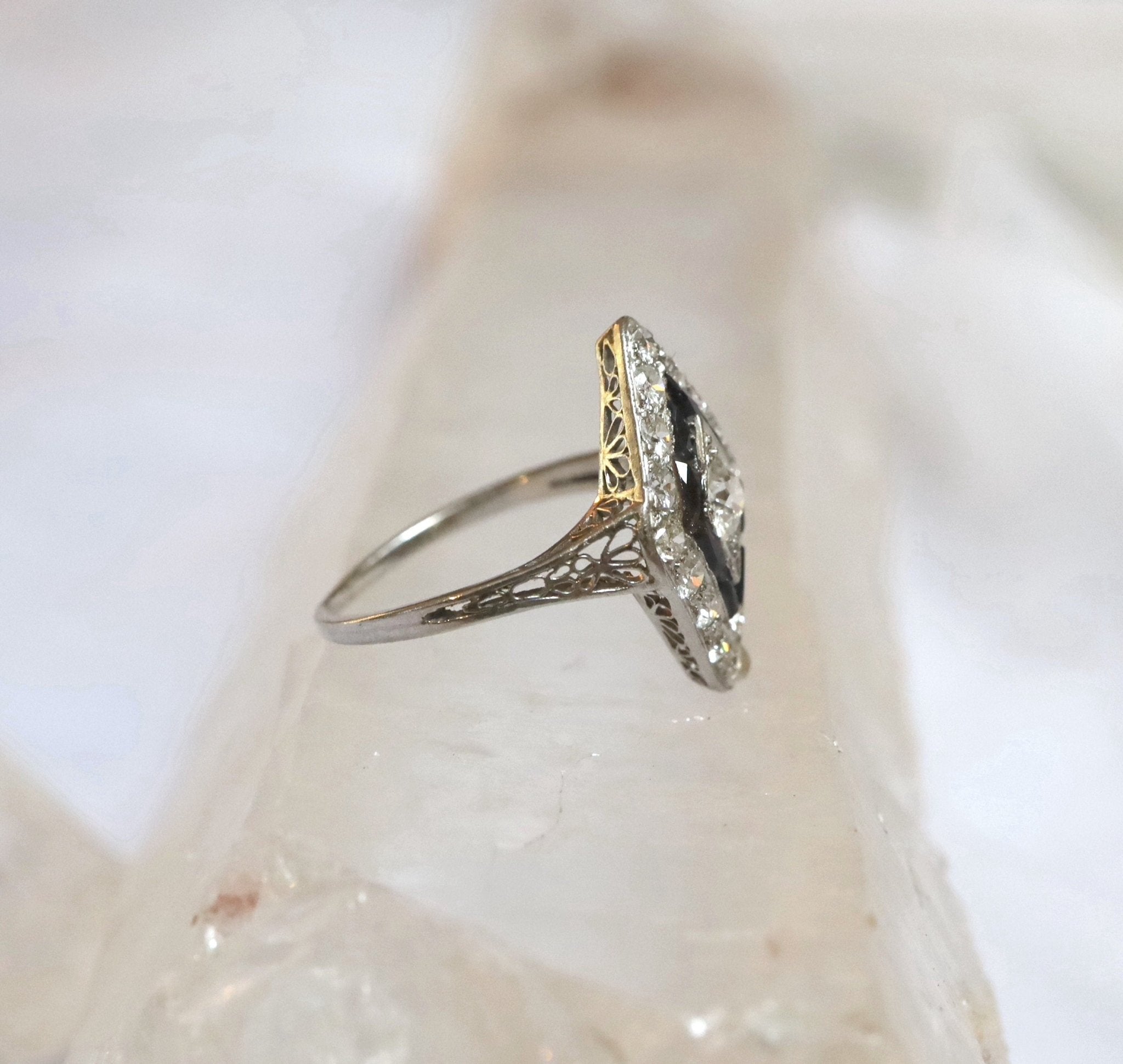 Stunning Platinum Art Deco Engagement Ring with Black Onyx - Petra Star
