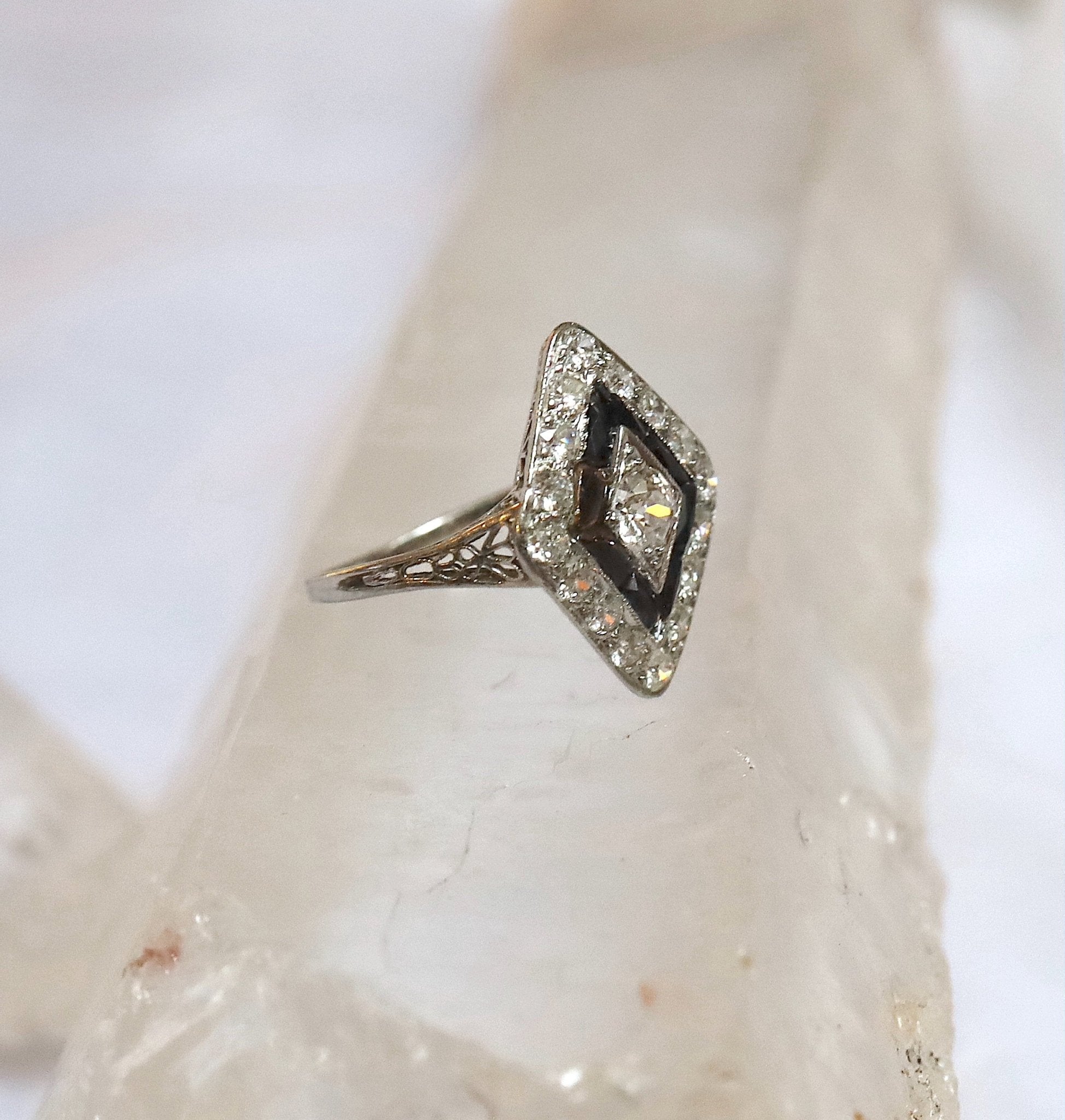 Stunning Platinum Art Deco Engagement Ring with Black Onyx - Petra Star