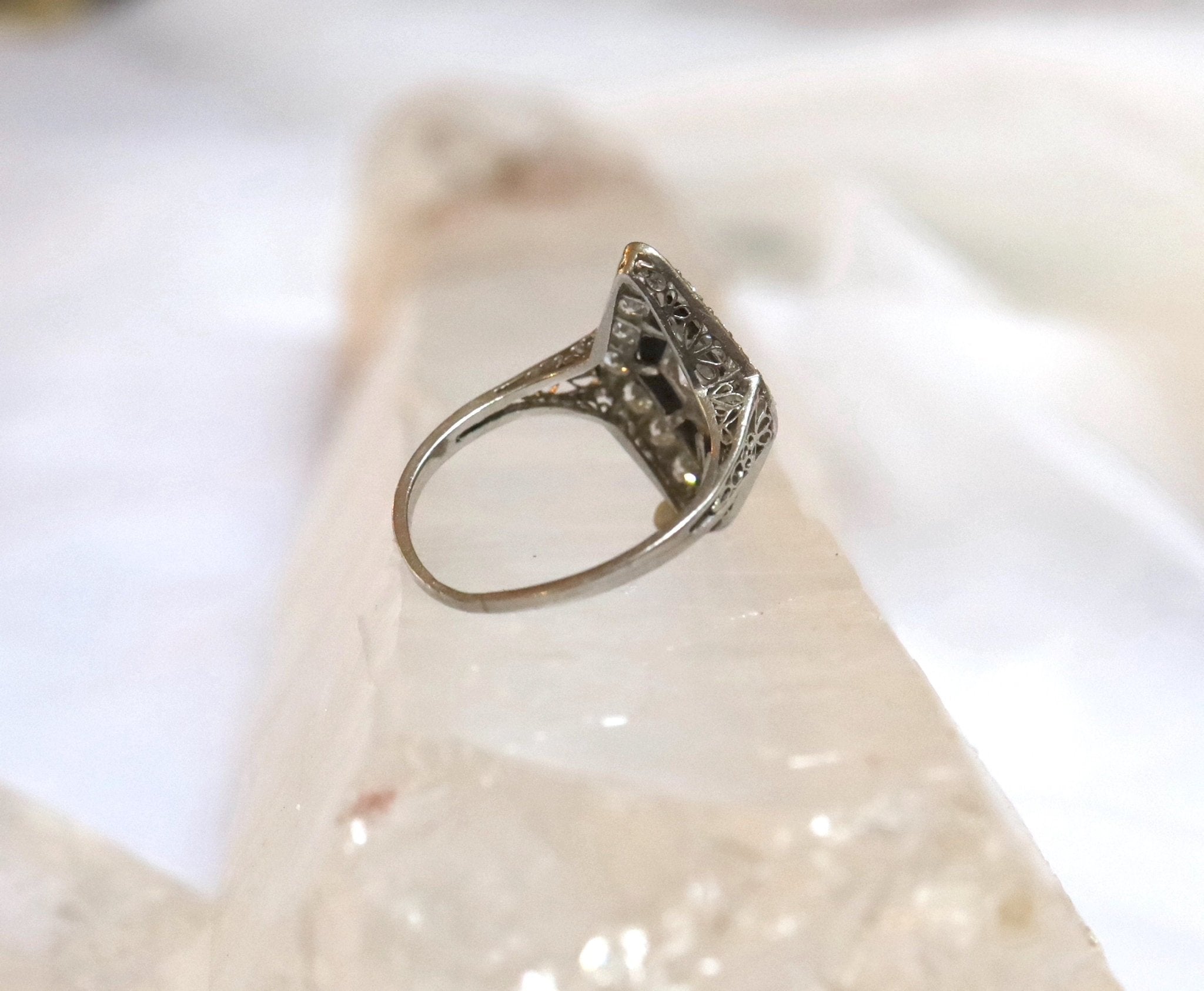 Stunning Platinum Art Deco Engagement Ring with Black Onyx - Petra Star