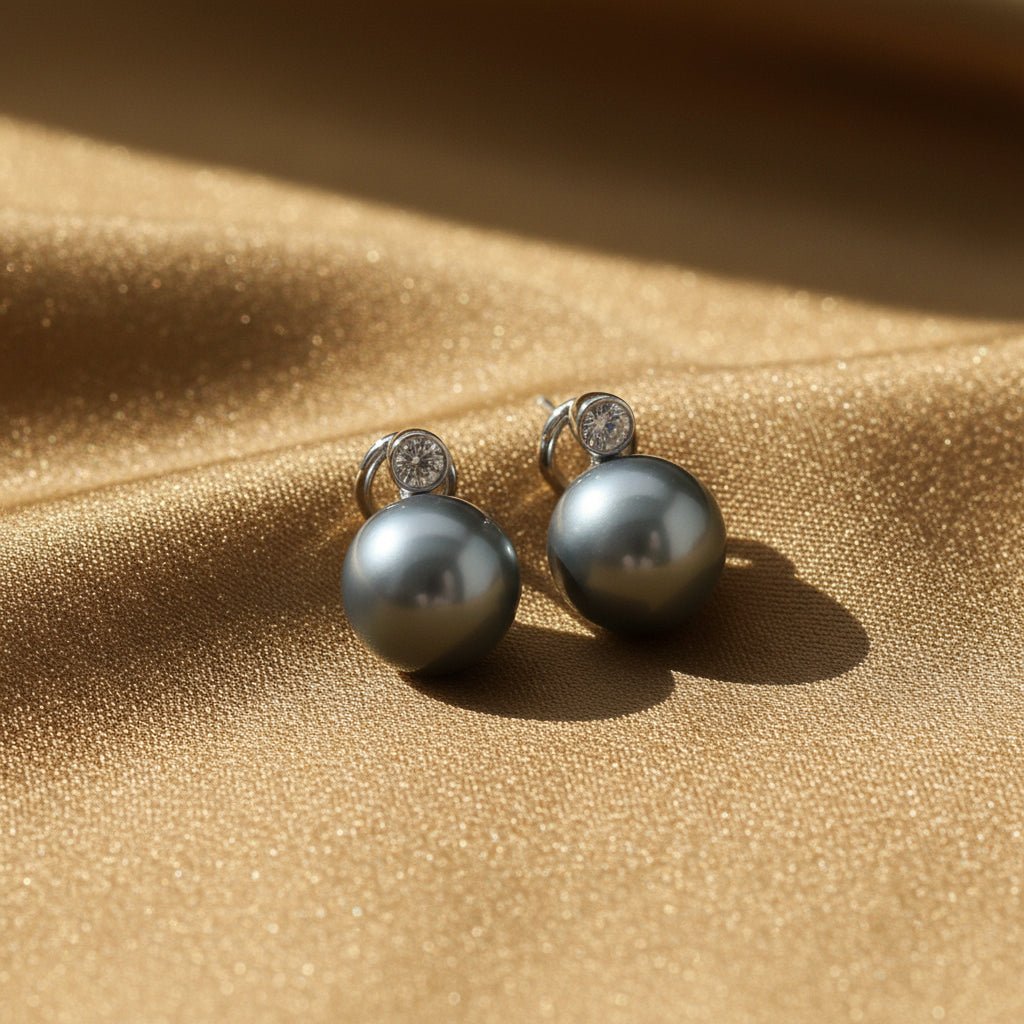 Tahitian Pearl and Diamond Stud Earrings in 18k White Gold - Petra Star