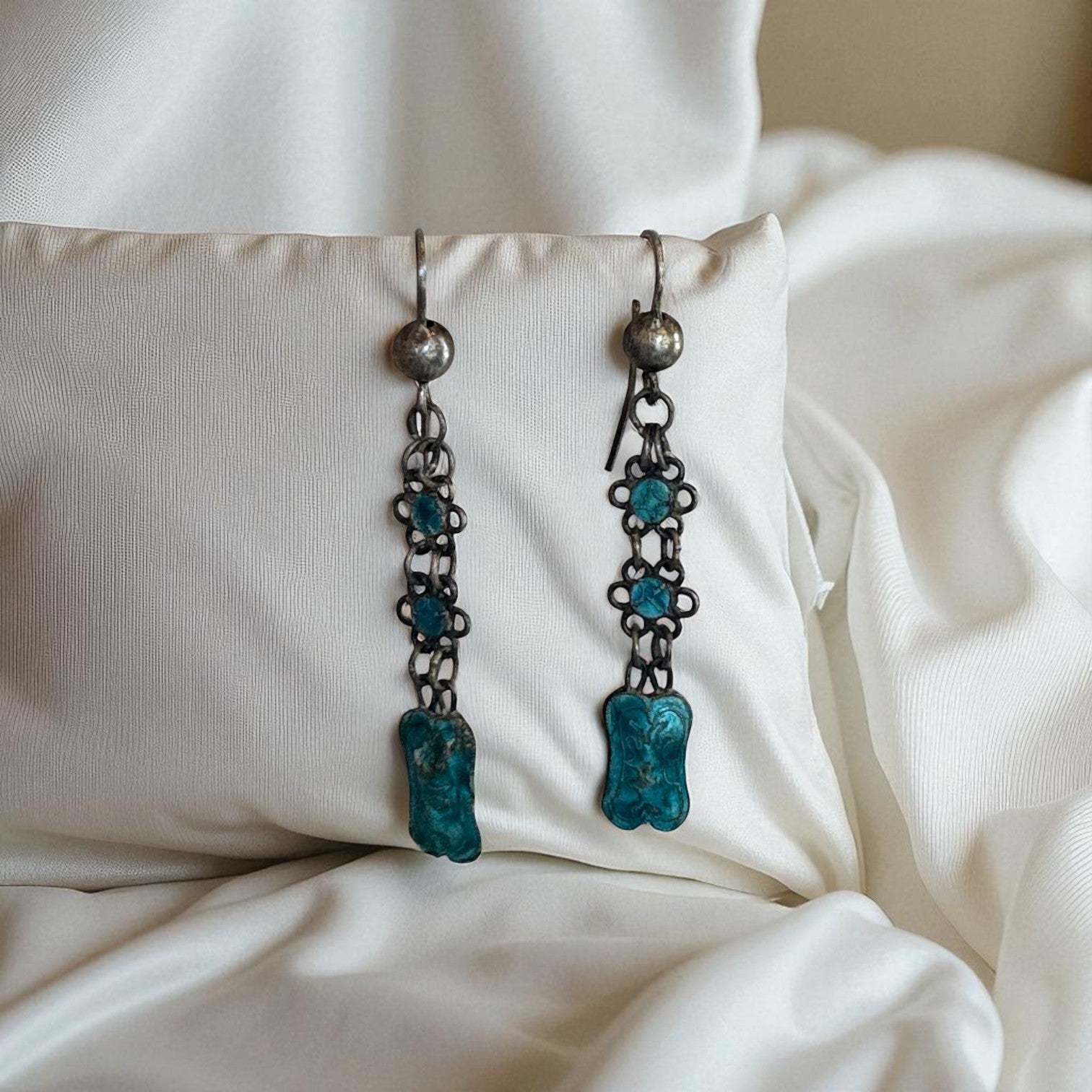 Art Nouveau Guilloche enamel earrings featuring intricate patterns and vibrant colors, crafted by The Vintage Vault.