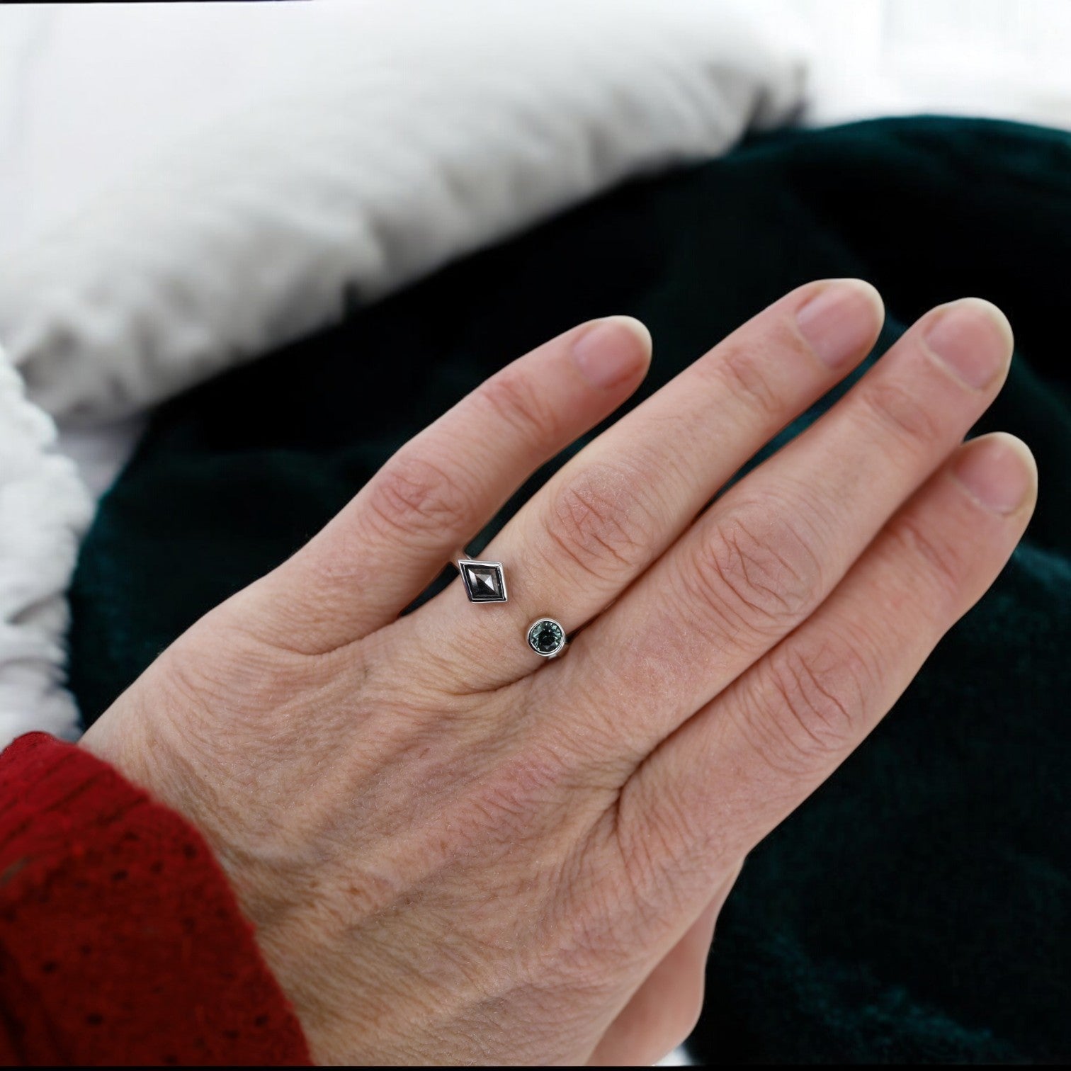 Toi et Moi Salt & Pepper Diamond & Teal Tourmaline Ring in 14k White Gold - Petra Star