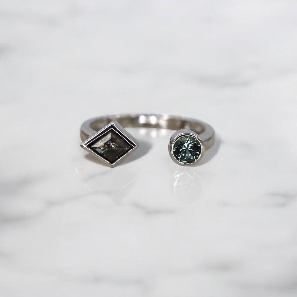 Toi et Moi Salt & Pepper Diamond & Teal Tourmaline Ring in 14k White Gold - Petra Star