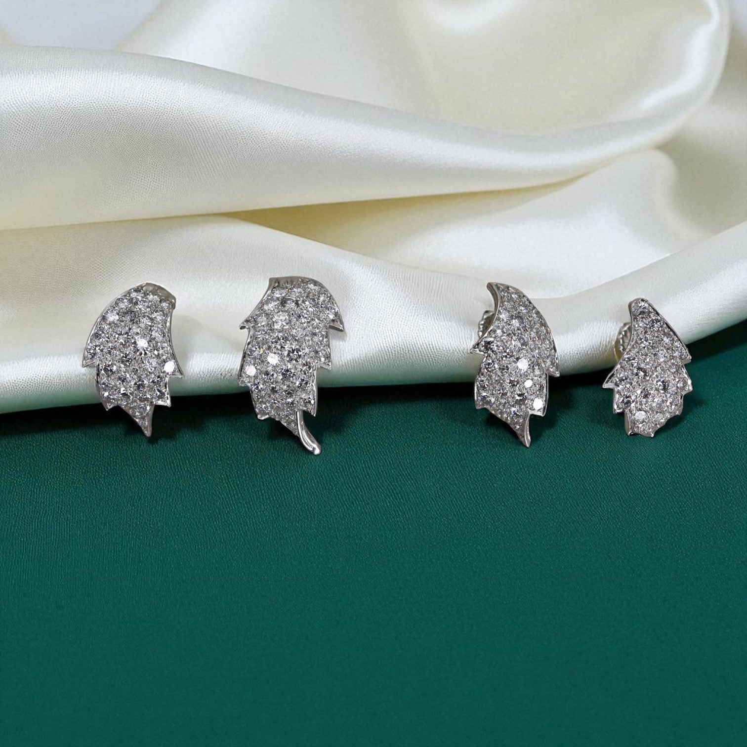 Transformed Mid-Century Platinum & Diamond Leaf Jewelry (Earrings and Ring from Original 1950s Brooch) - Petra Star