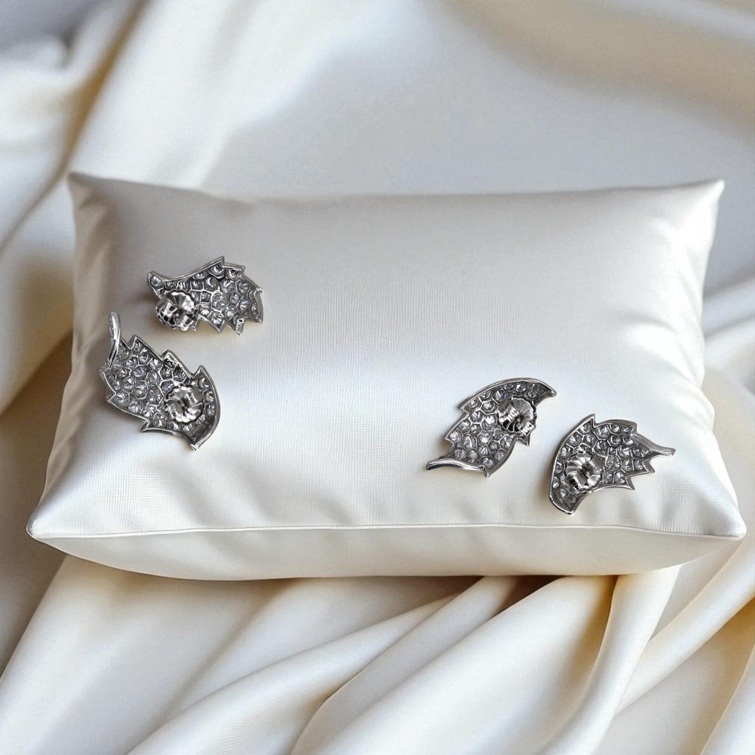 Transformed Mid-Century Platinum & Diamond Leaf Jewelry (Earrings and Ring from Original 1950s Brooch) - Petra Star
