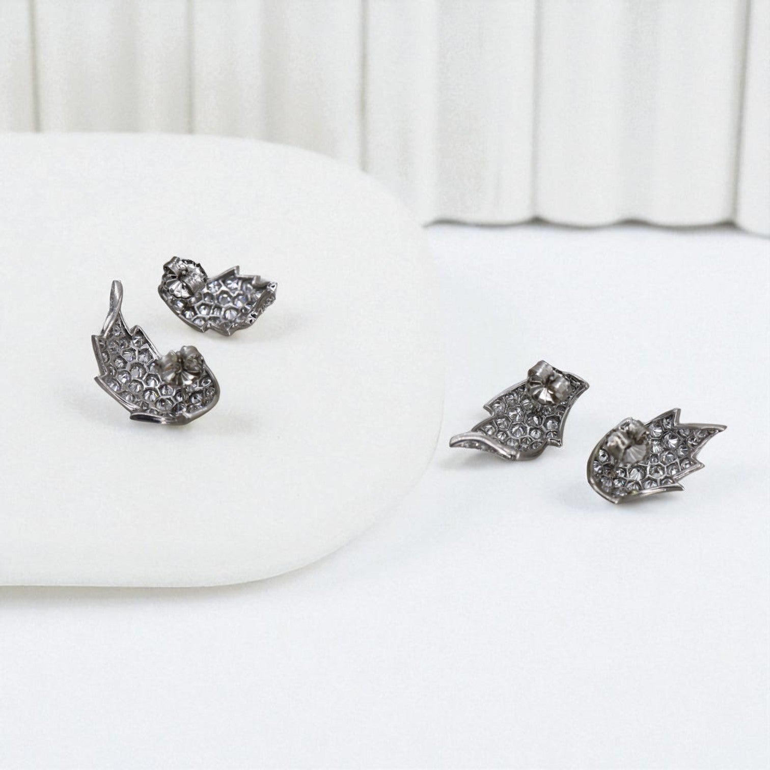 Transformed Mid-Century Platinum & Diamond Leaf Jewelry (Earrings and Ring from Original 1950s Brooch) - Petra Star