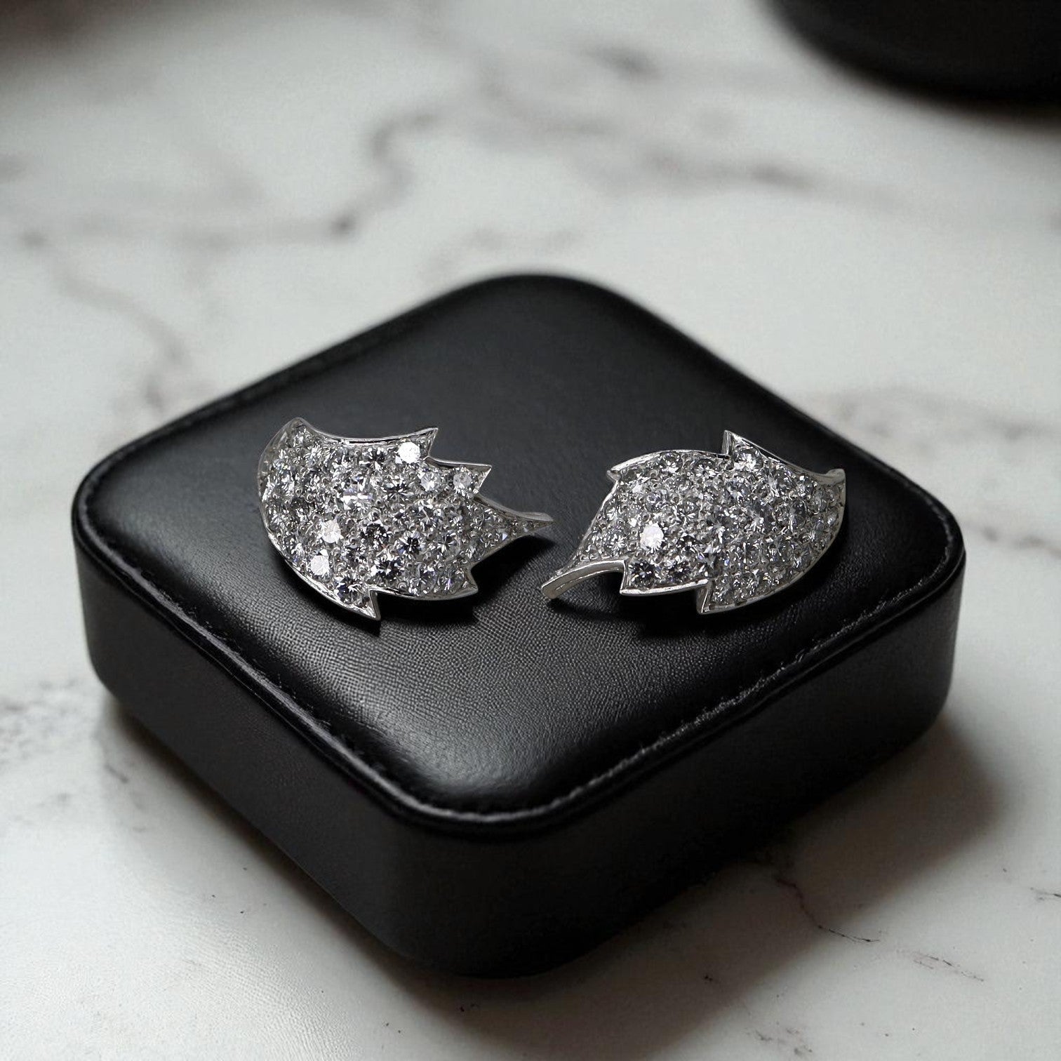 Transformed Mid-Century Platinum & Diamond Leaf Jewelry (Earrings and Ring from Original 1950s Brooch) - Petra Star