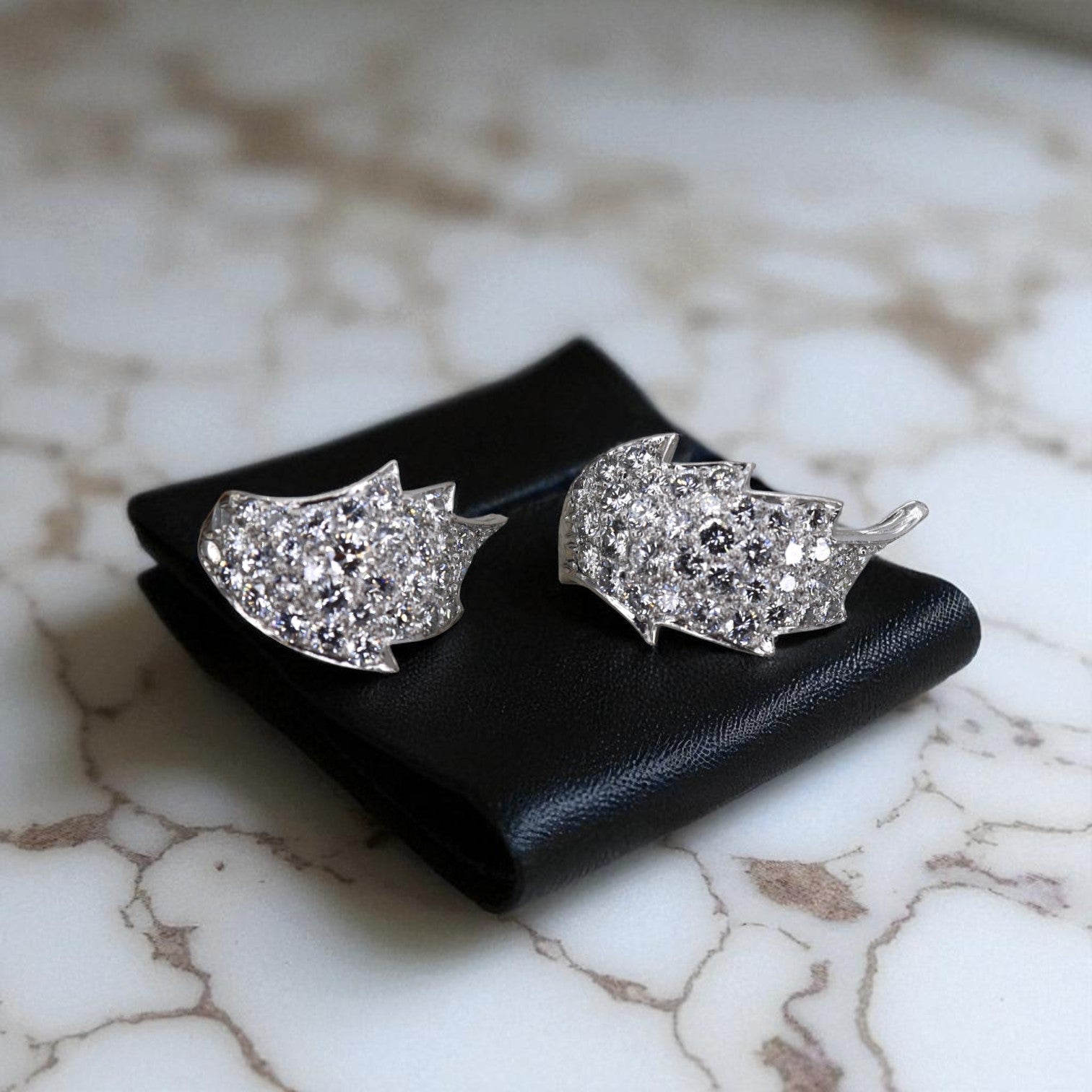Transformed Mid-Century Platinum & Diamond Leaf Jewelry (Earrings and Ring from Original 1950s Brooch) - Petra Star