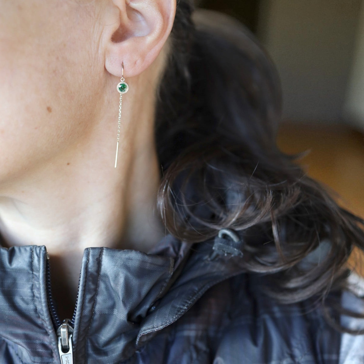 Tsavorite Garnet Threader Earrings in 14k Yellow Gold - Petra Star