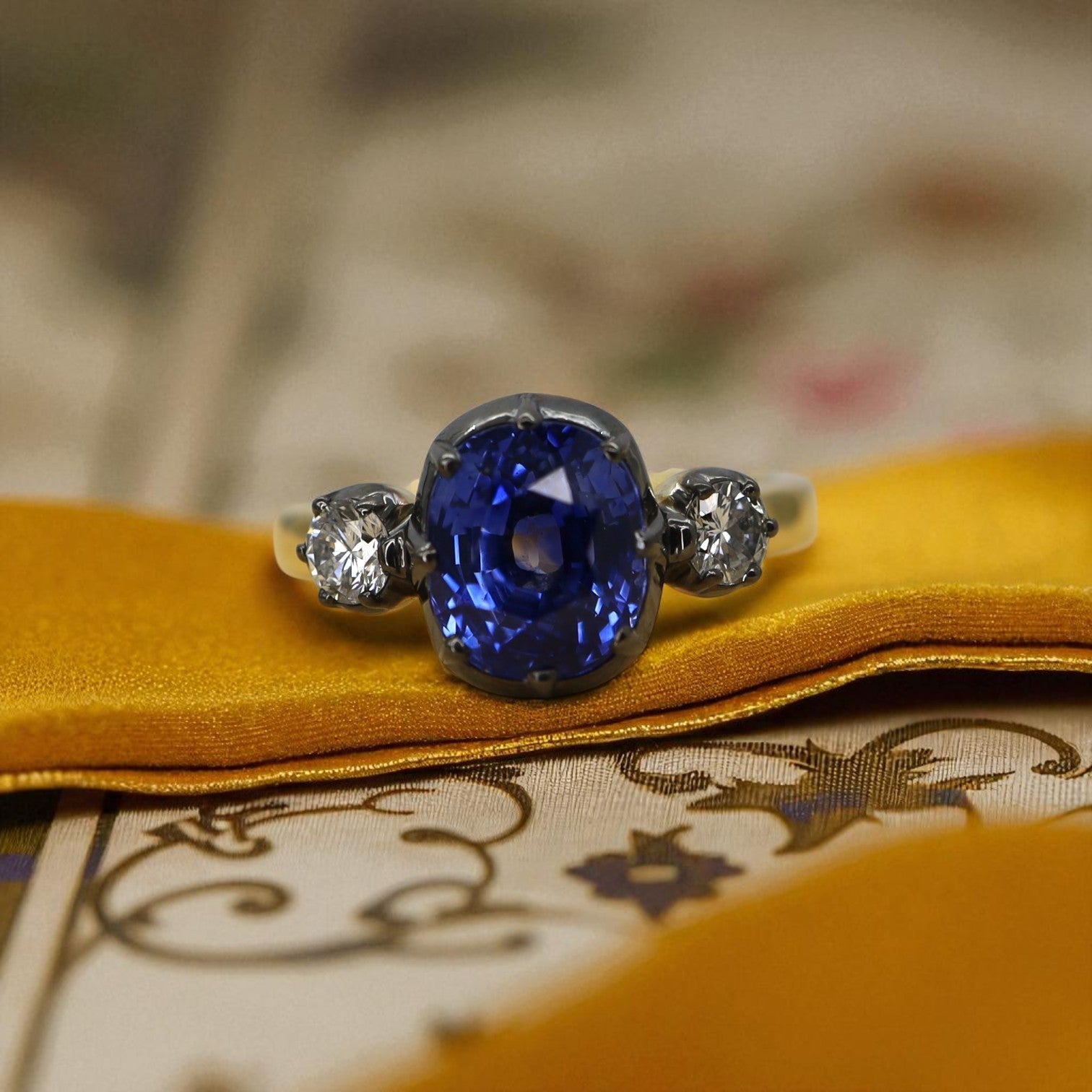 Unheated 3.70ct Ceylon Sapphire Georgian Inspired Three-Stone Ring | Petra Star - Petra Star