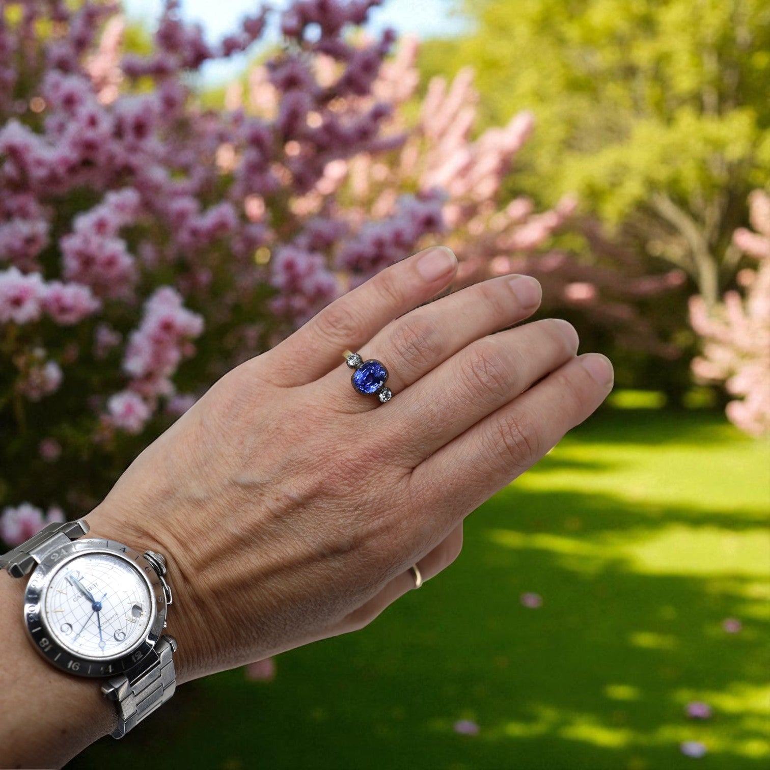Unheated 3.70ct Ceylon Sapphire Georgian Inspired Three-Stone Ring | Petra Star - Petra Star