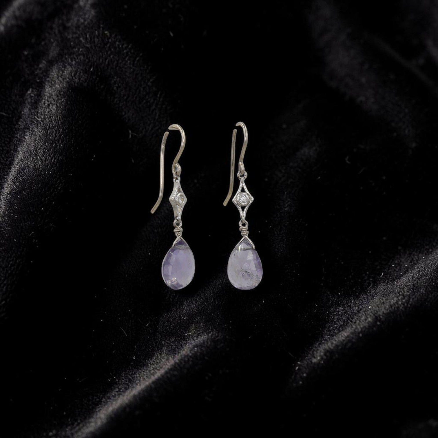 Upcycled Art Deco Diamond Chain Drop Earrings | 18K White Gold & Iolite Briolette | Vintage Bridal | Petra Star - Petra Star
