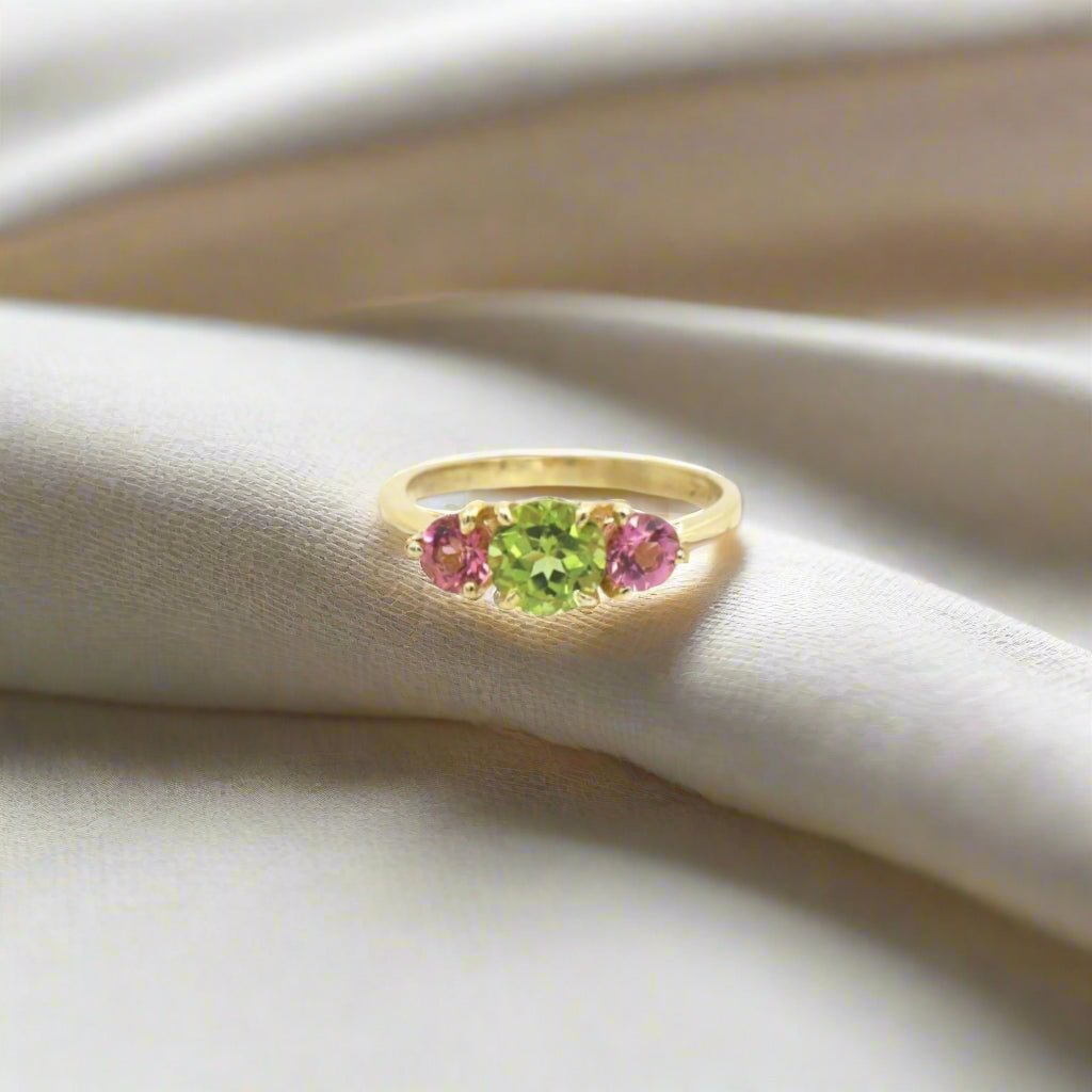 Vibrant Pastel-Colored Classic Three-Stone Engagement Ring - Petra Star