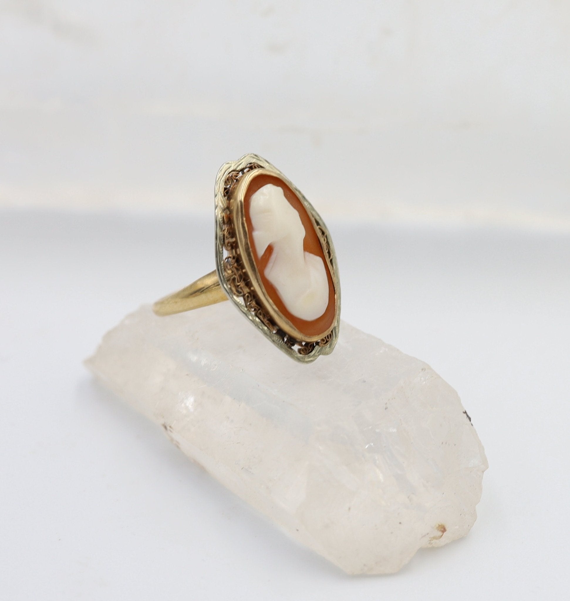 Victorian 10k Gold Shell Cameo Ring with Cannetille Detailing - Petra Star