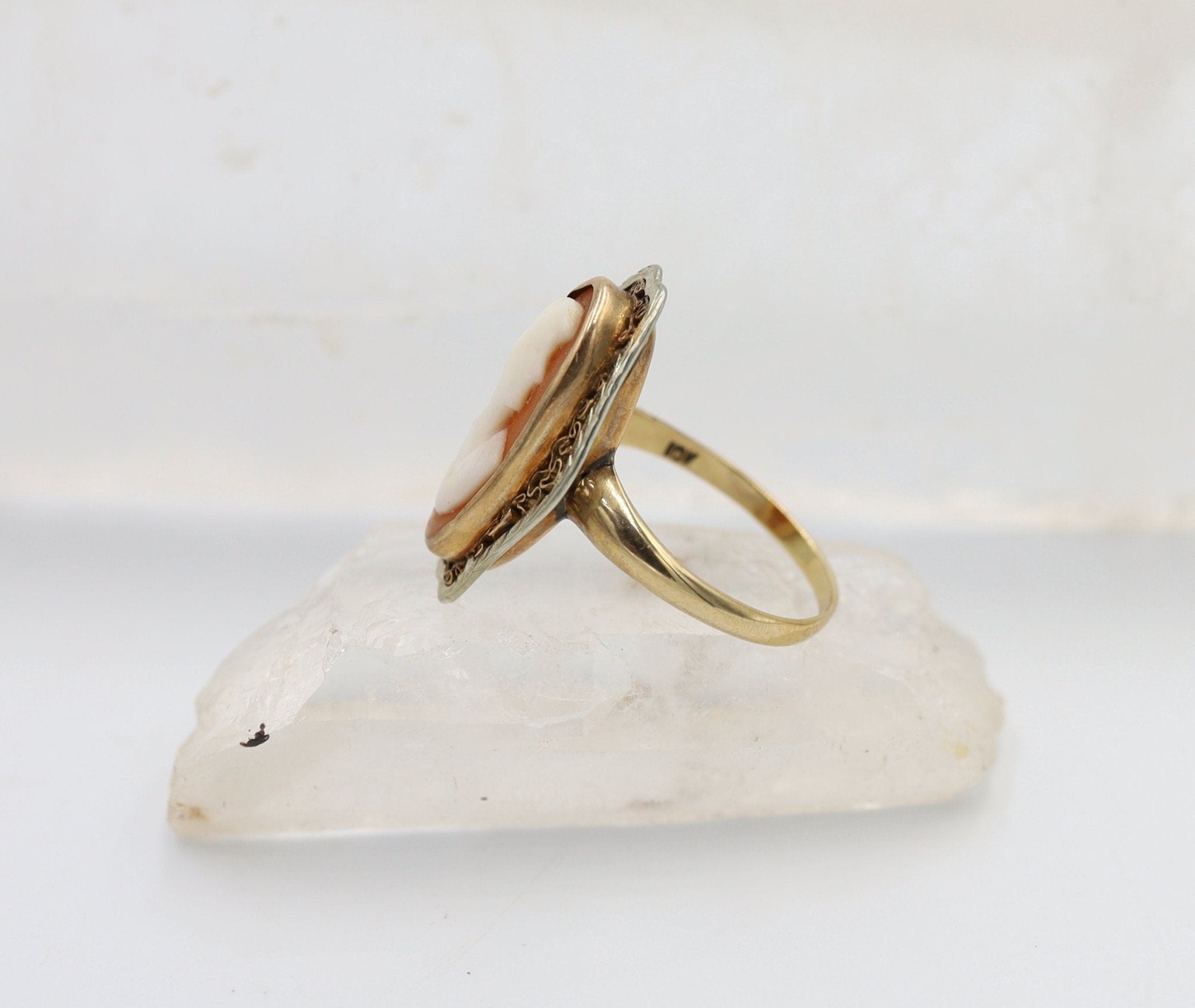 Victorian 10k Gold Shell Cameo Ring with Cannetille Detailing - Petra Star