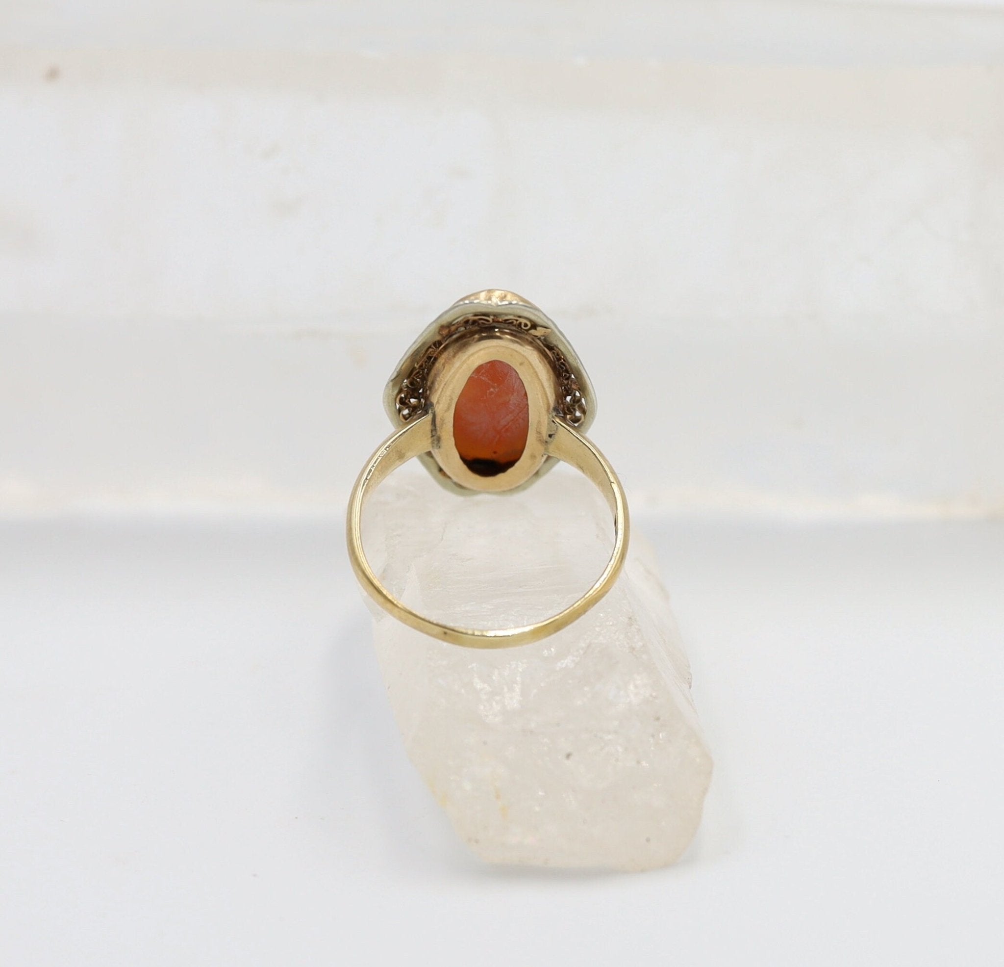 Victorian 10k Gold Shell Cameo Ring with Cannetille Detailing - Petra Star