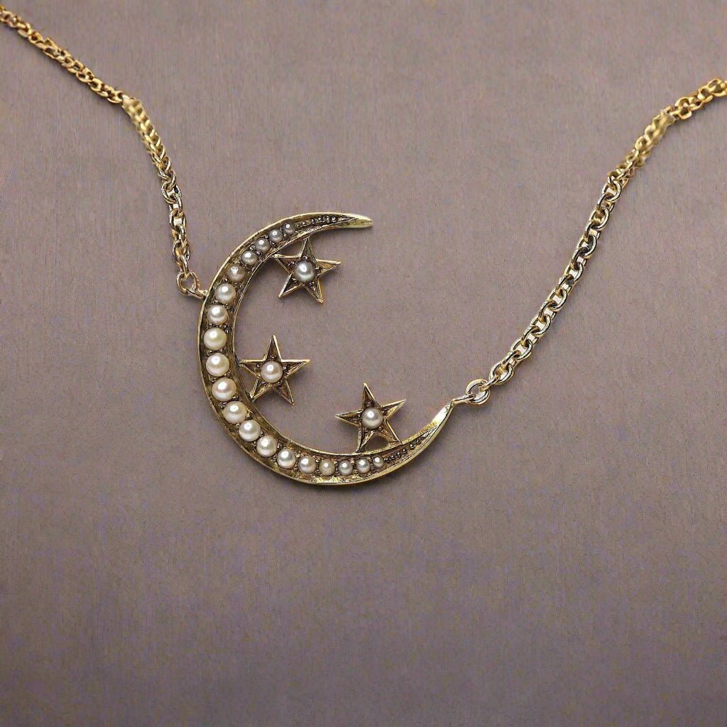 Victorian Crescent Moon and Star Necklace - Petra Star