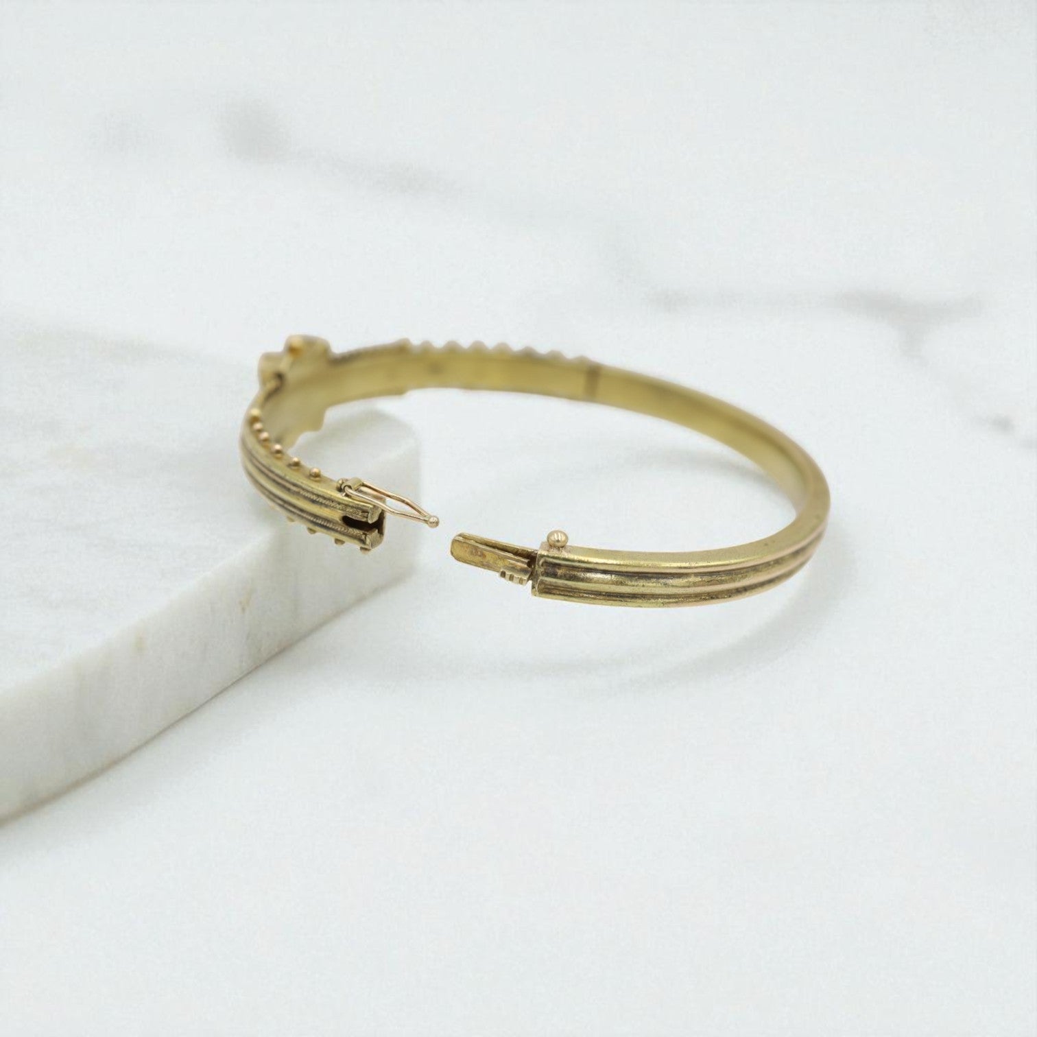 Victorian Etruscan Revival Bangle Bracelet in 14k Gold with Old Mine-Cut Diamond - Petra Star