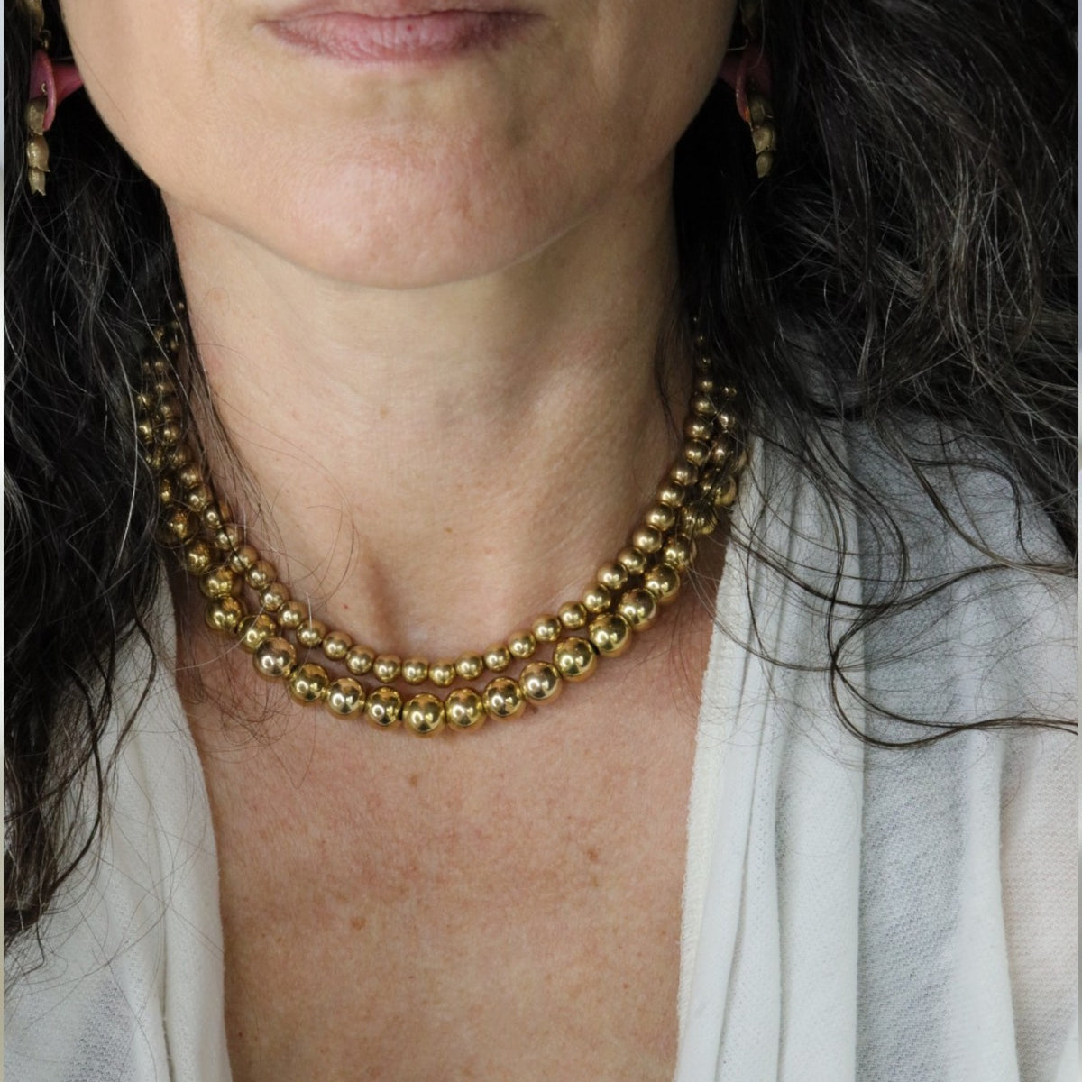 Antique 14k Gold Bead Necklace, 9.2mm Hollow Beads, Invisible Bead Clasp, 16.25", Antique Fine Jewelry