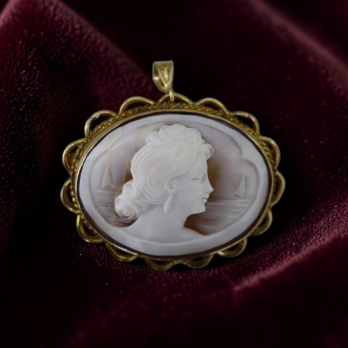 Victorian Gold Filled Shell Cameo Brooch Pendant with Nautical Scene - Petra Star