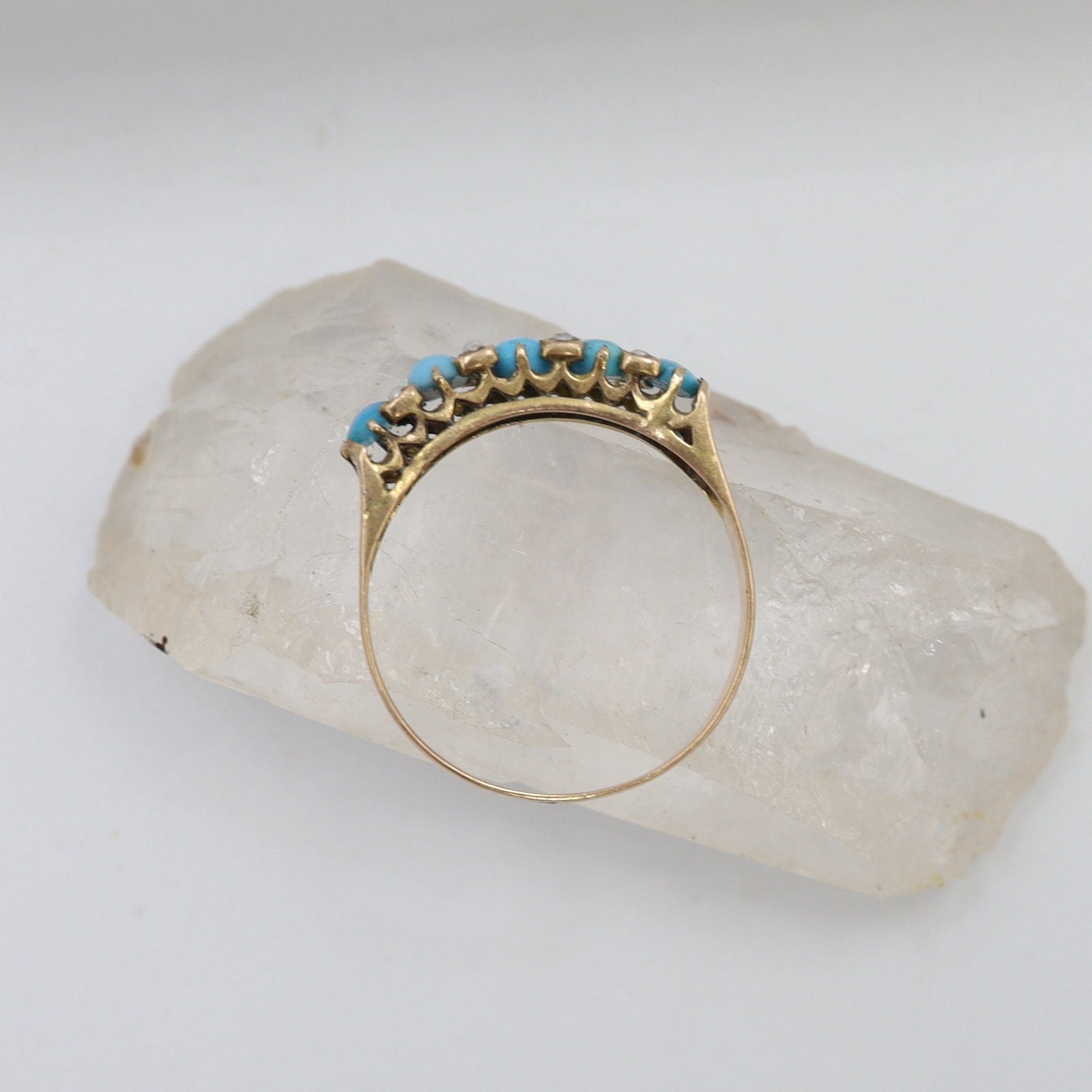 Victorian Half-Hoop Turquoise Band in 14k Rose Gold with Pearls - Petra Star