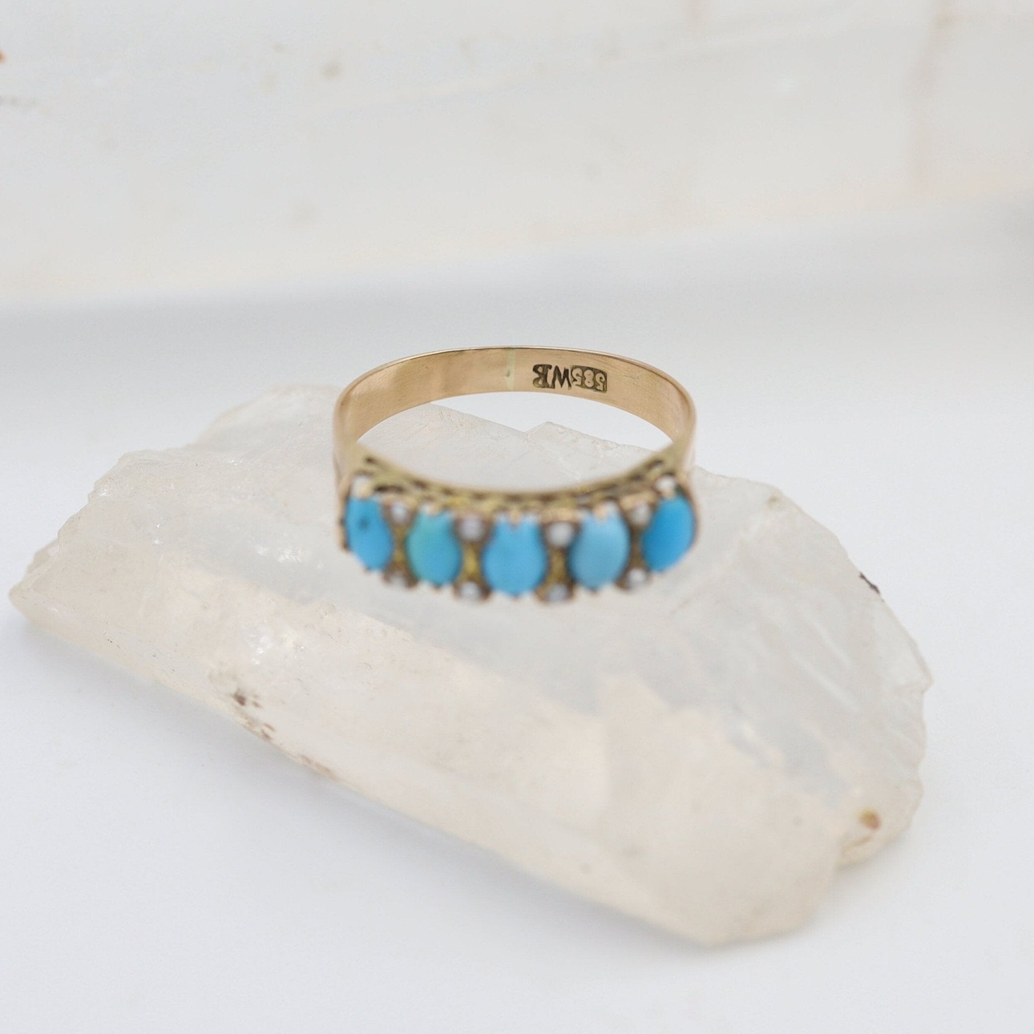 Victorian Half-Hoop Turquoise Band in 14k Rose Gold with Pearls - Petra Star