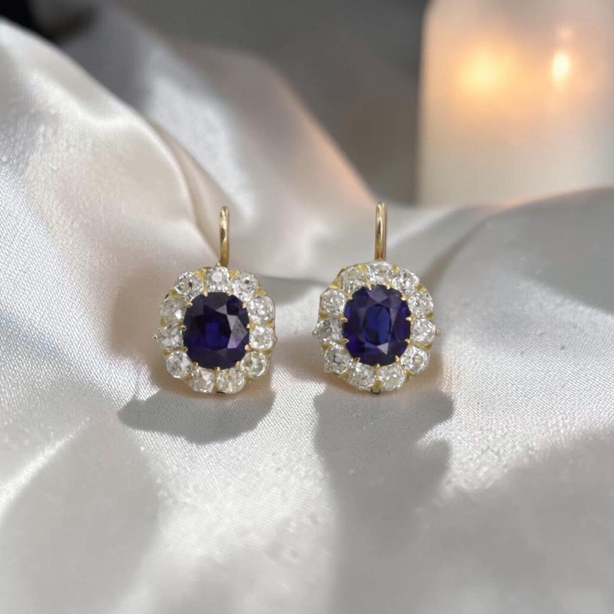 Victorian-Inspired 14K Yellow Gold Sapphire & Diamond Halo Drop Earrings — Antique Gemstones, Princess Diana Design - Petra Star