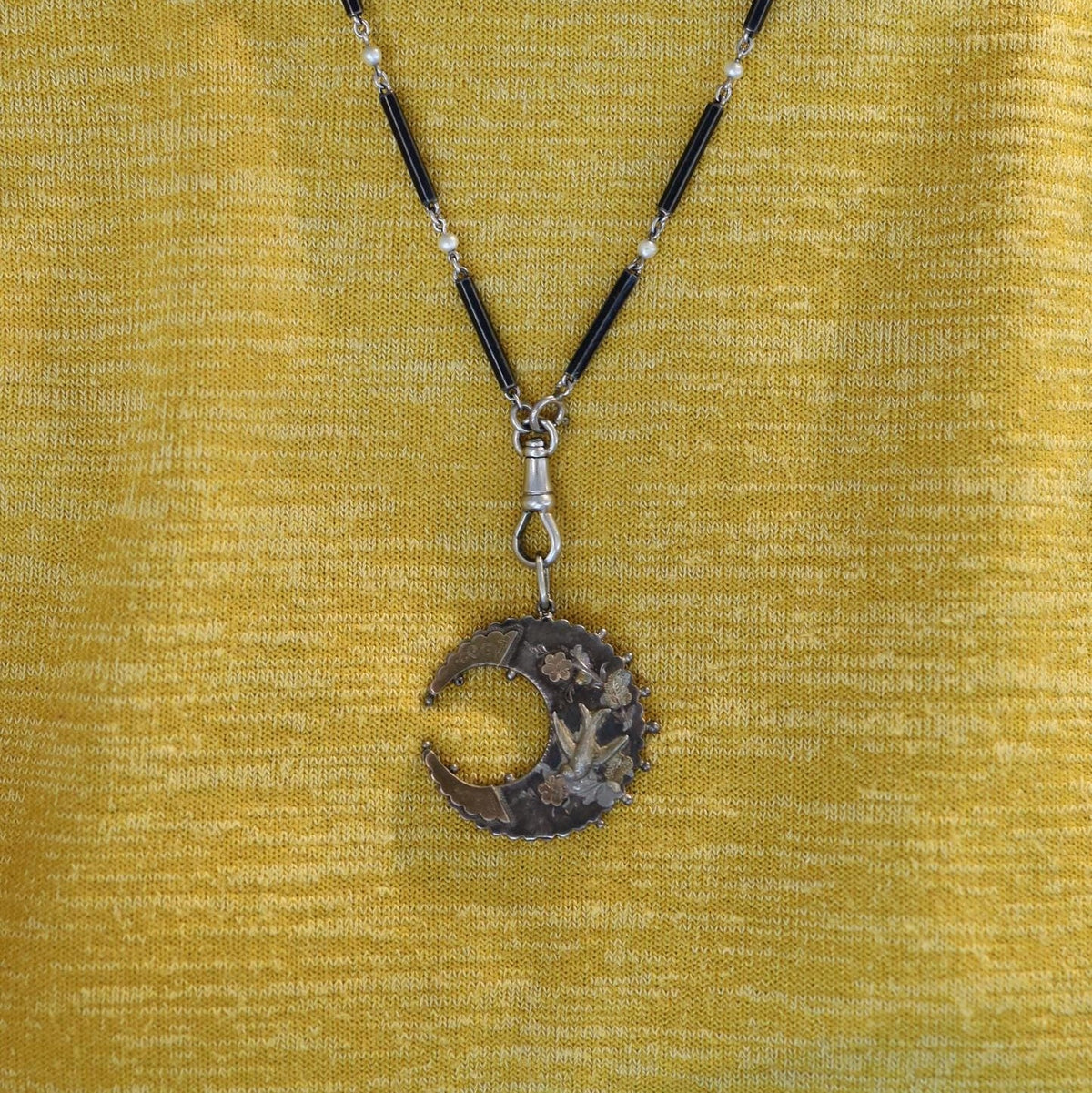 Victorian Niello Sterling Silver Crescent Moon & Swallow Pendant | Rose & Green Gold | Hallmarked P&Co | Circa 1890 | Vintage Vault | Petra Star - Petra Star