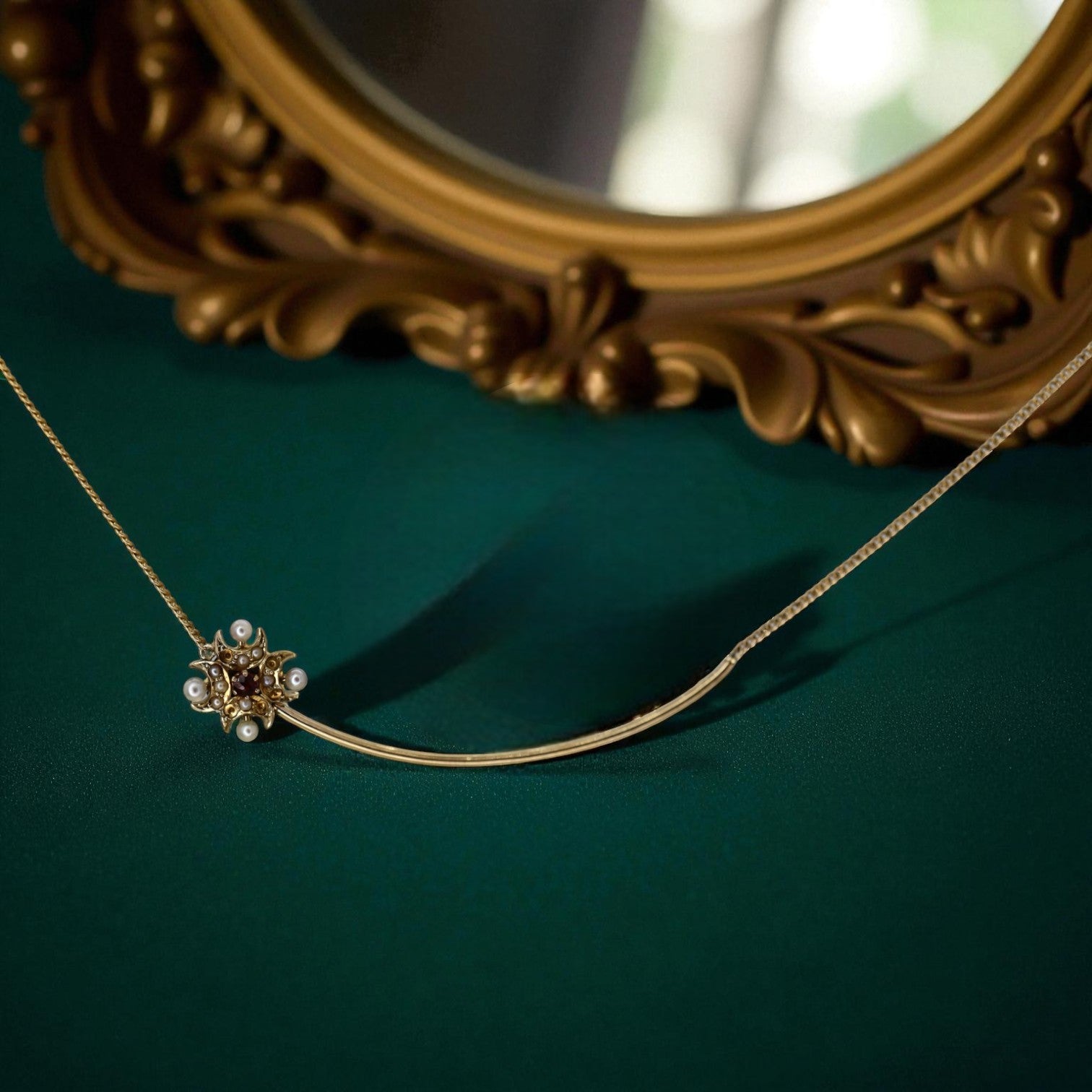 Victorian Pearl & Garnet Charm Holder Necklace – Converted 14k Gold Stickpin, Snowflake Design - Petra Star
