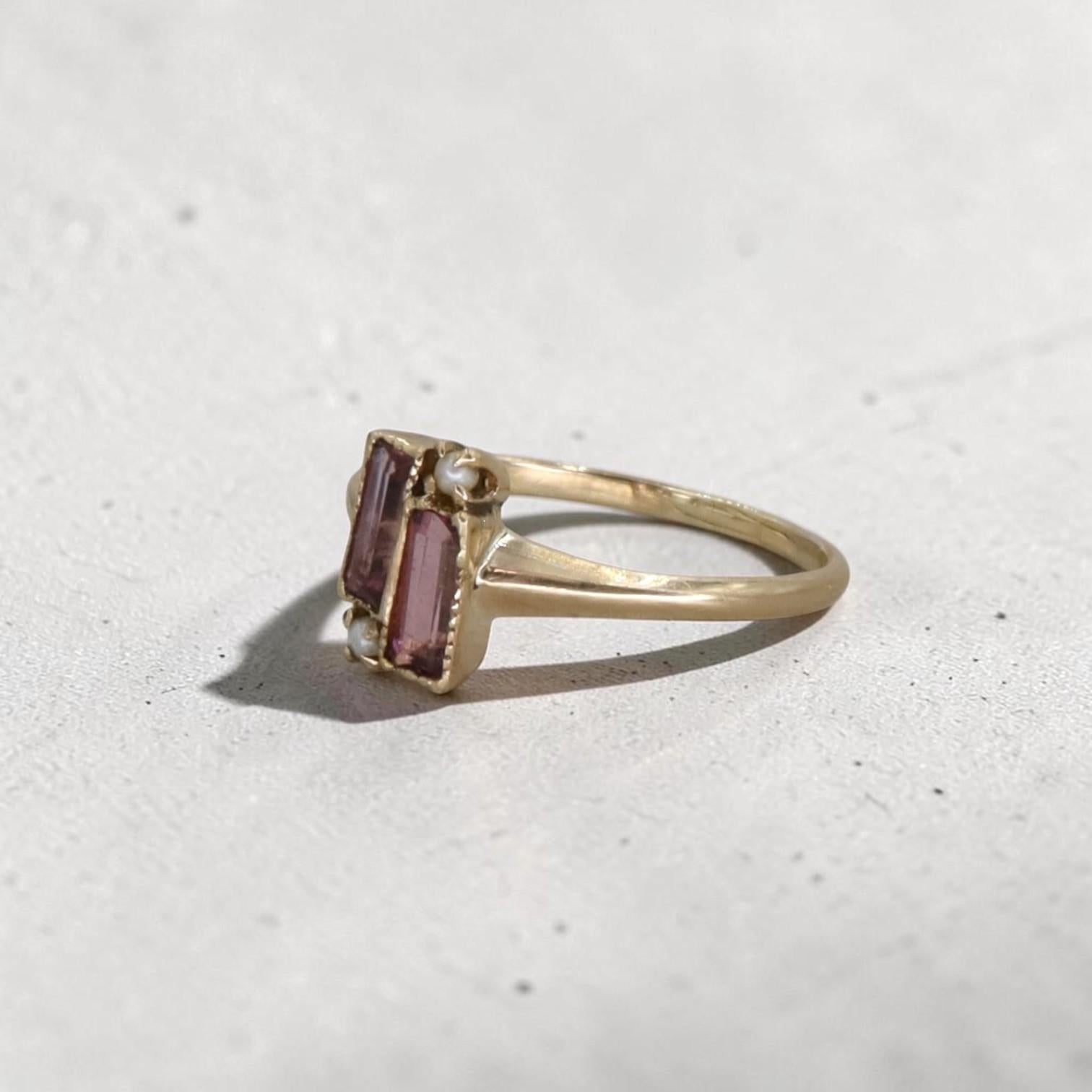 Victorian Pink Tourmaline & Pearl Ring | 10k Gold, 0.53ctw Emerald Cut - Petra Star