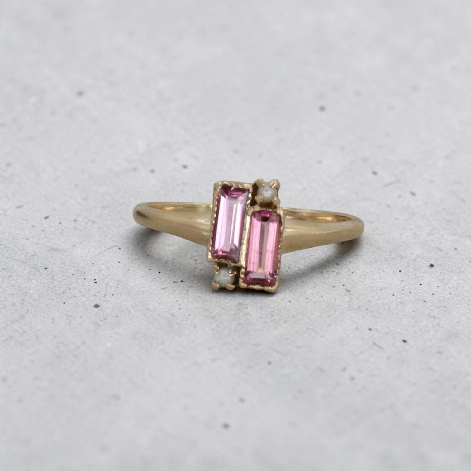 Victorian Pink Tourmaline & Pearl Ring | 10k Gold, 0.53ctw Emerald Cut - Petra Star