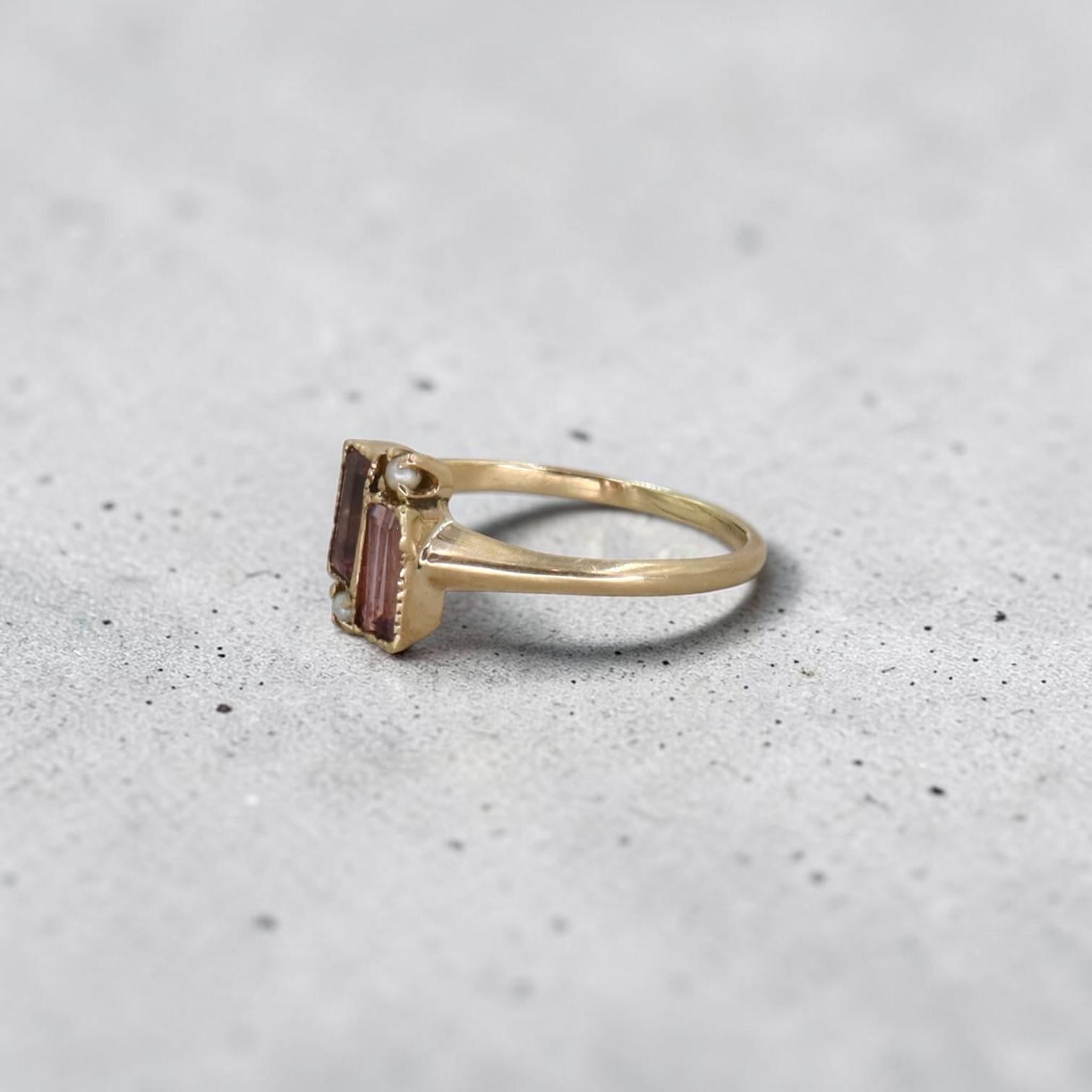 Victorian Pink Tourmaline & Pearl Ring | 10k Gold, 0.53ctw Emerald Cut - Petra Star