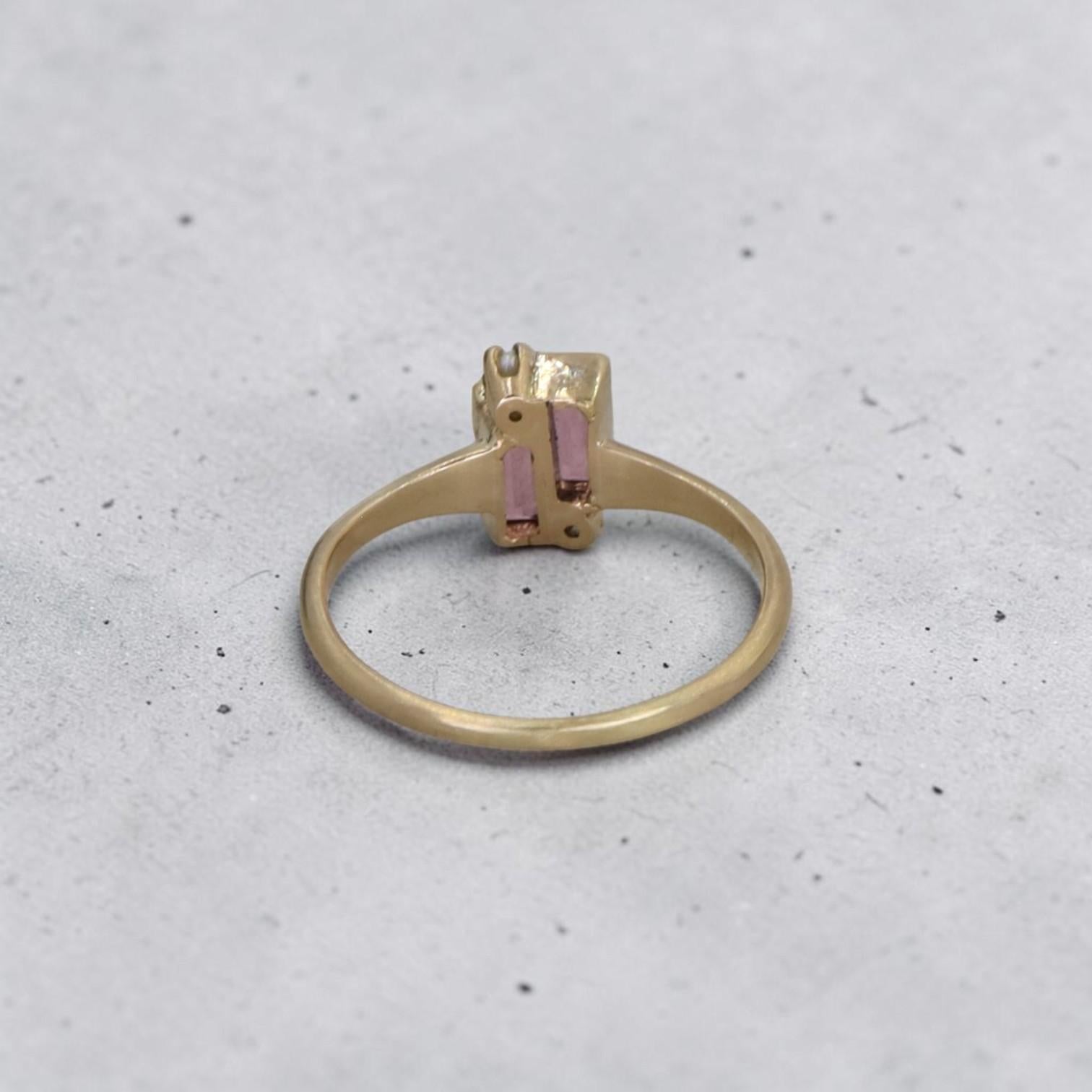 Victorian Pink Tourmaline & Pearl Ring | 10k Gold, 0.53ctw Emerald Cut - Petra Star