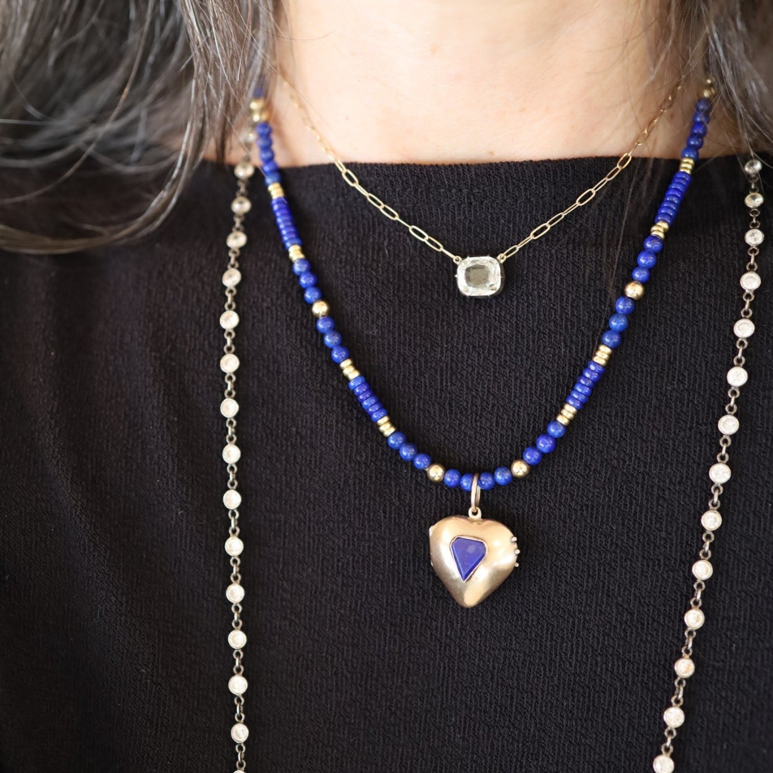 Victorian Puffy Heart Locket with Lapis 10K Pink Gold Beads - Petra Star