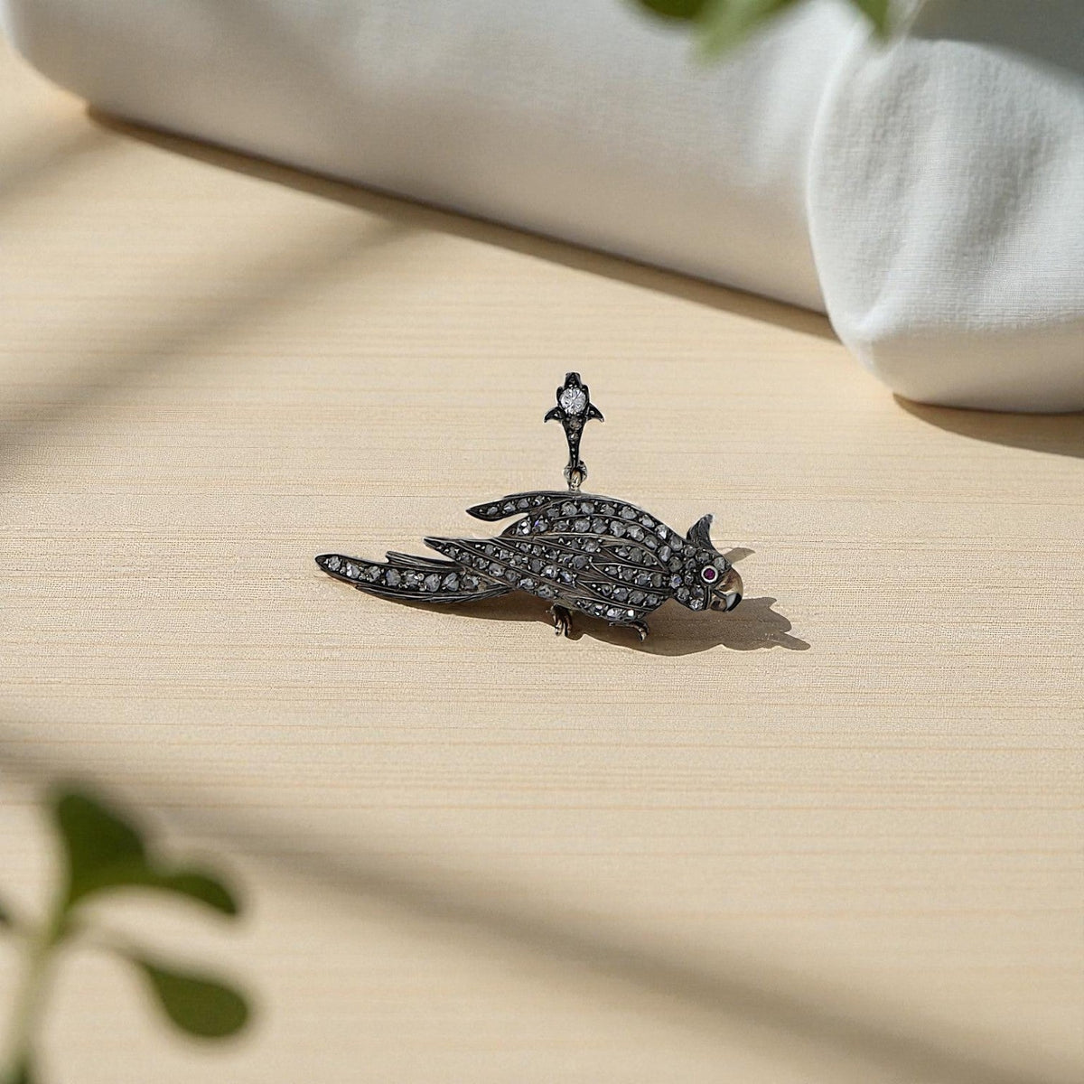 Victorian Silver-Over-Gold Bird Pendant | Rose Cut Diamonds & Ruby Eye | Circa 1850s - Petra Star