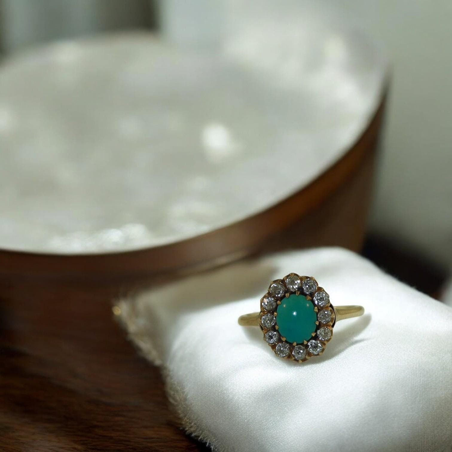Victorian Turquoise and Diamond Halo Cocktail Ring - Petra Star