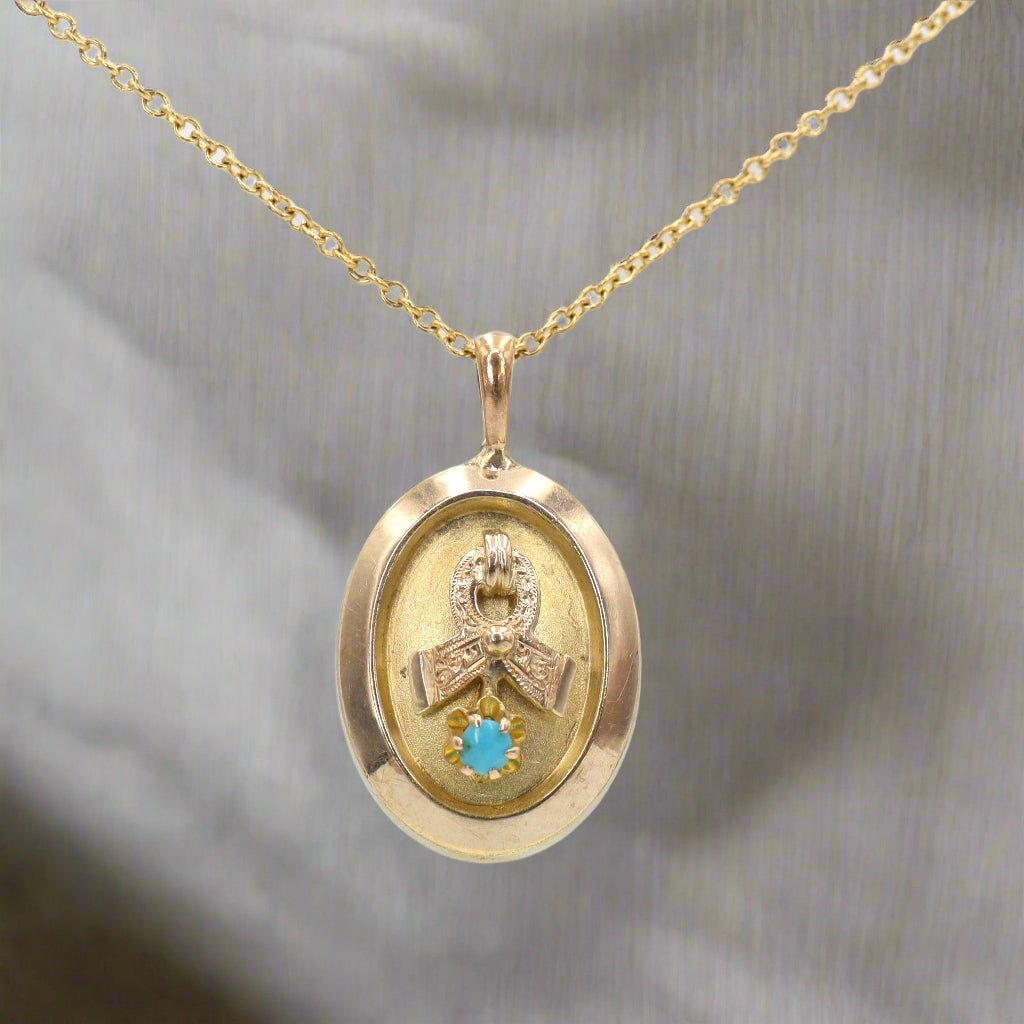 Victorian Turquoise Pendant with Ribbon in 14k Gold - Petra StarPendant
