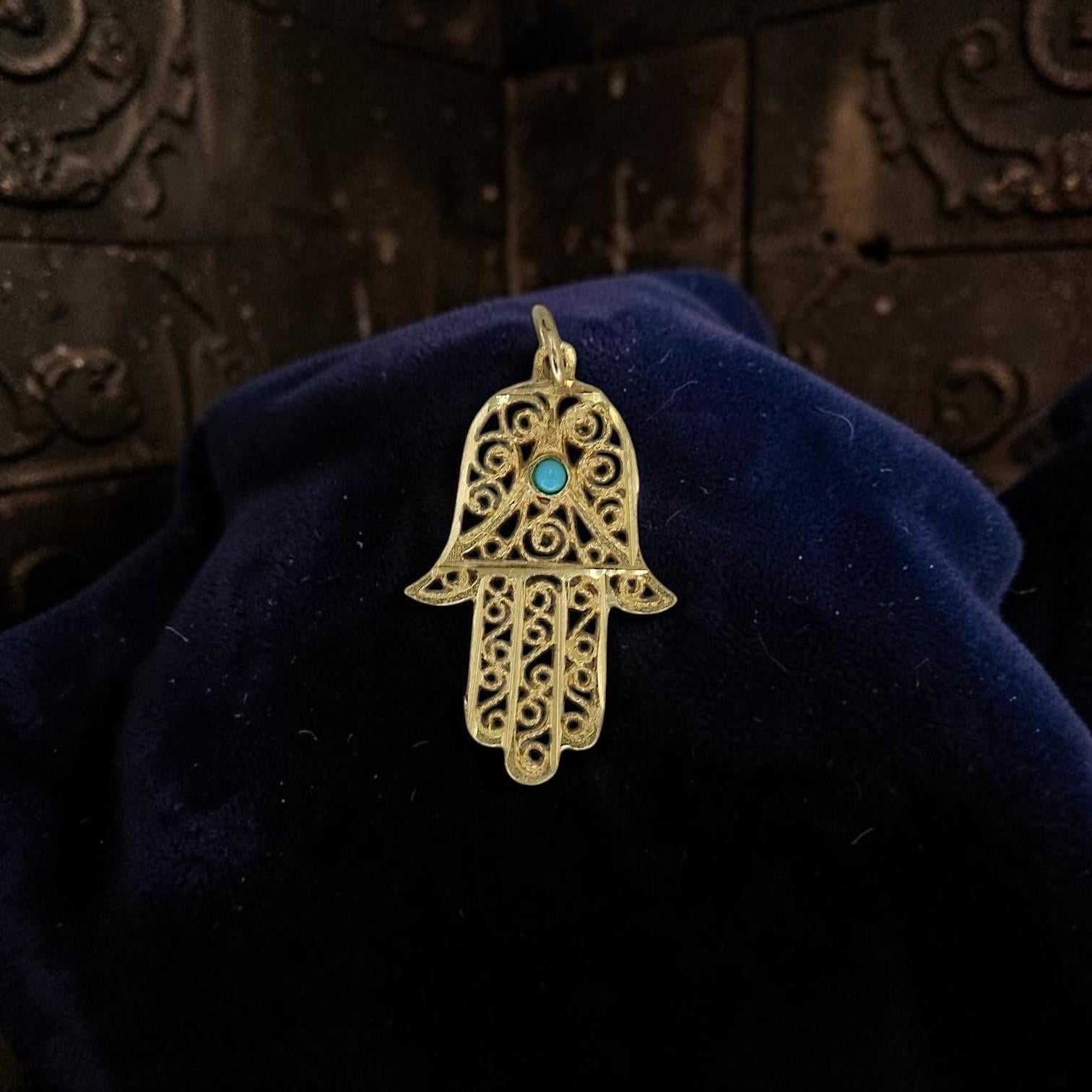 Vintage 14k Yellow Gold Hamsa Turquoise Charm | 1960s-80s Hand of Fatima Pendant - Petra Star