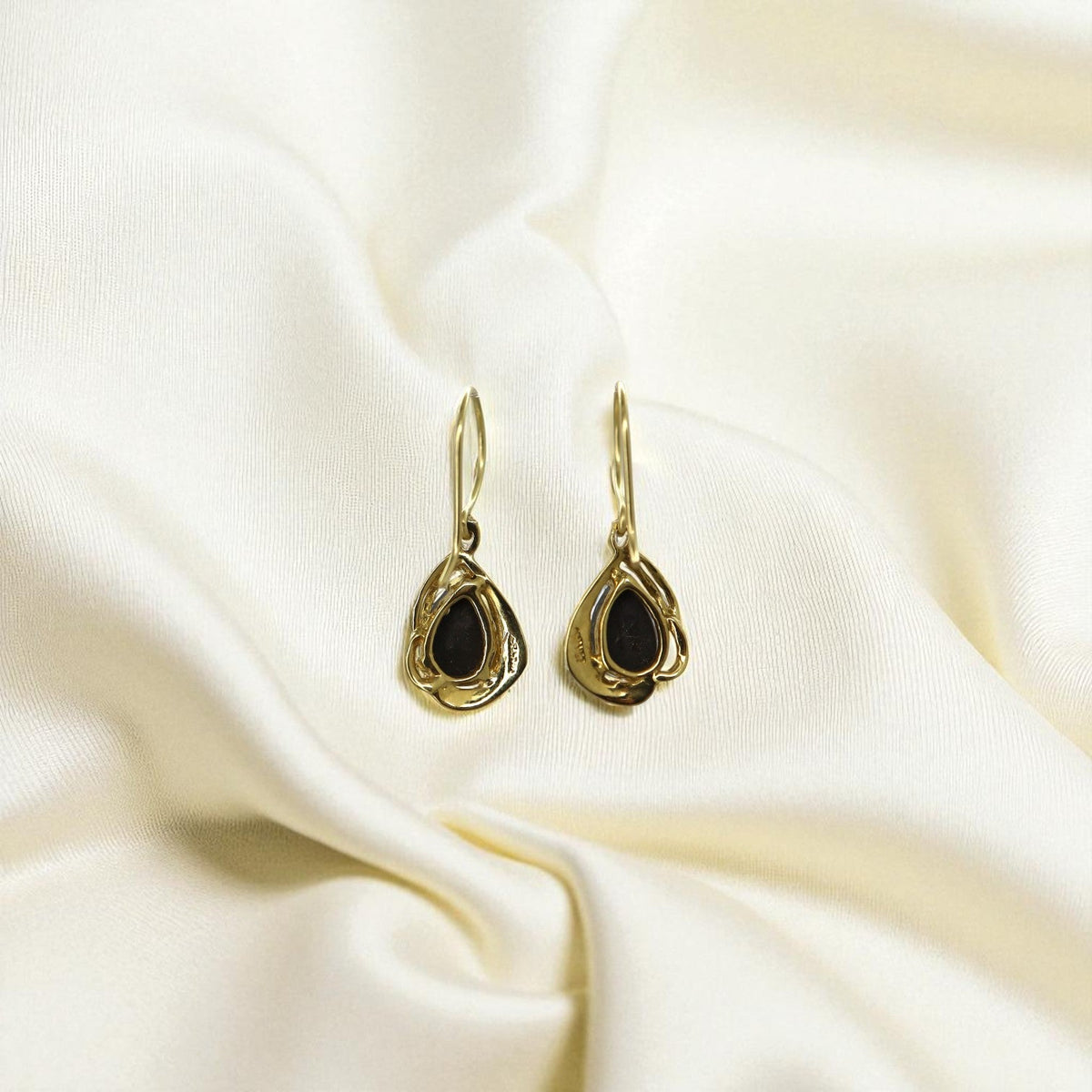 Vintage 18k Yellow Gold Opal Doublet Drop Earrings—Contemporary Design - Petra Star