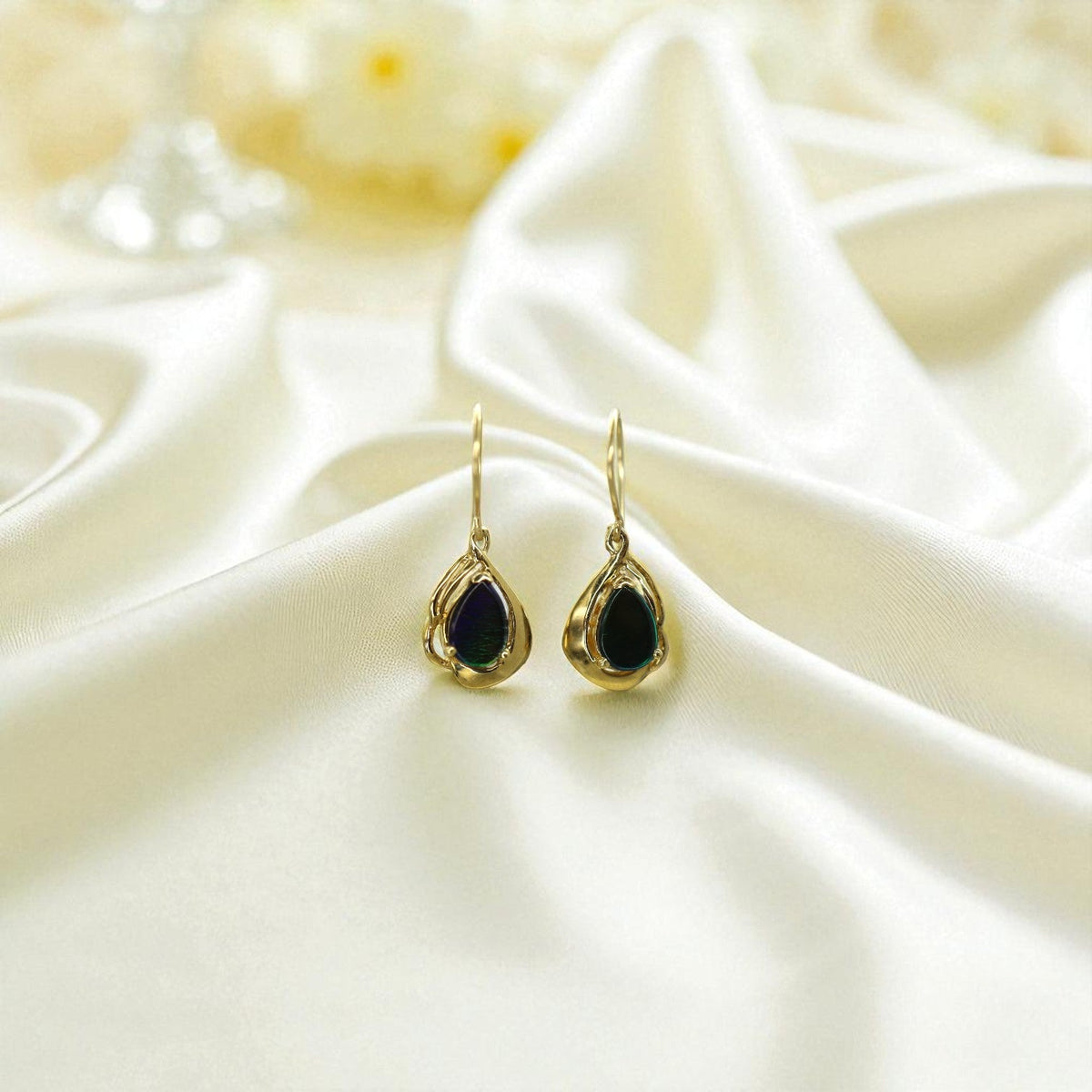Vintage 18k Yellow Gold Opal Doublet Drop Earrings—Contemporary Design - Petra Star