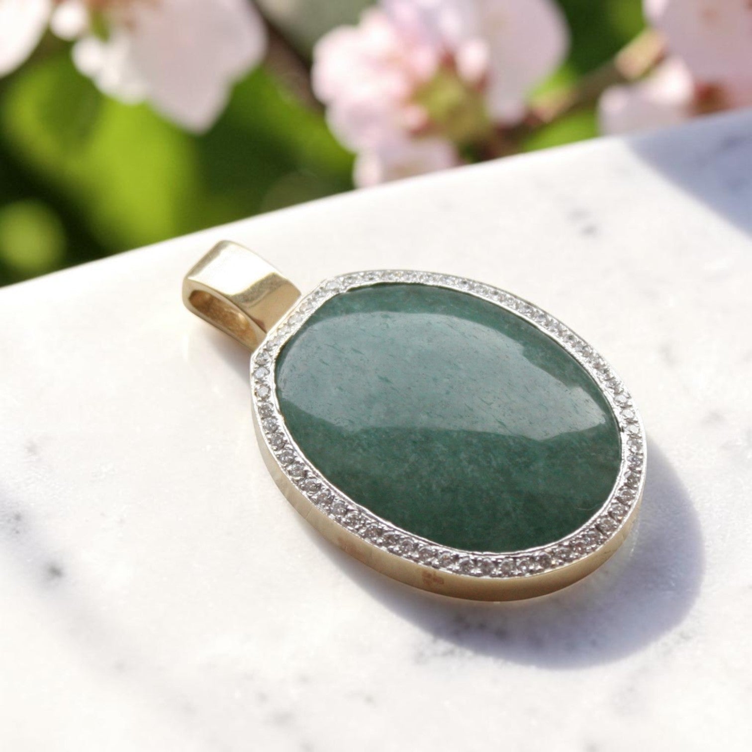 Vintage 1990s Green Beryl & Diamond Halo Pendant | 14k Two-Tone Gold | Petra Star - Petra Star