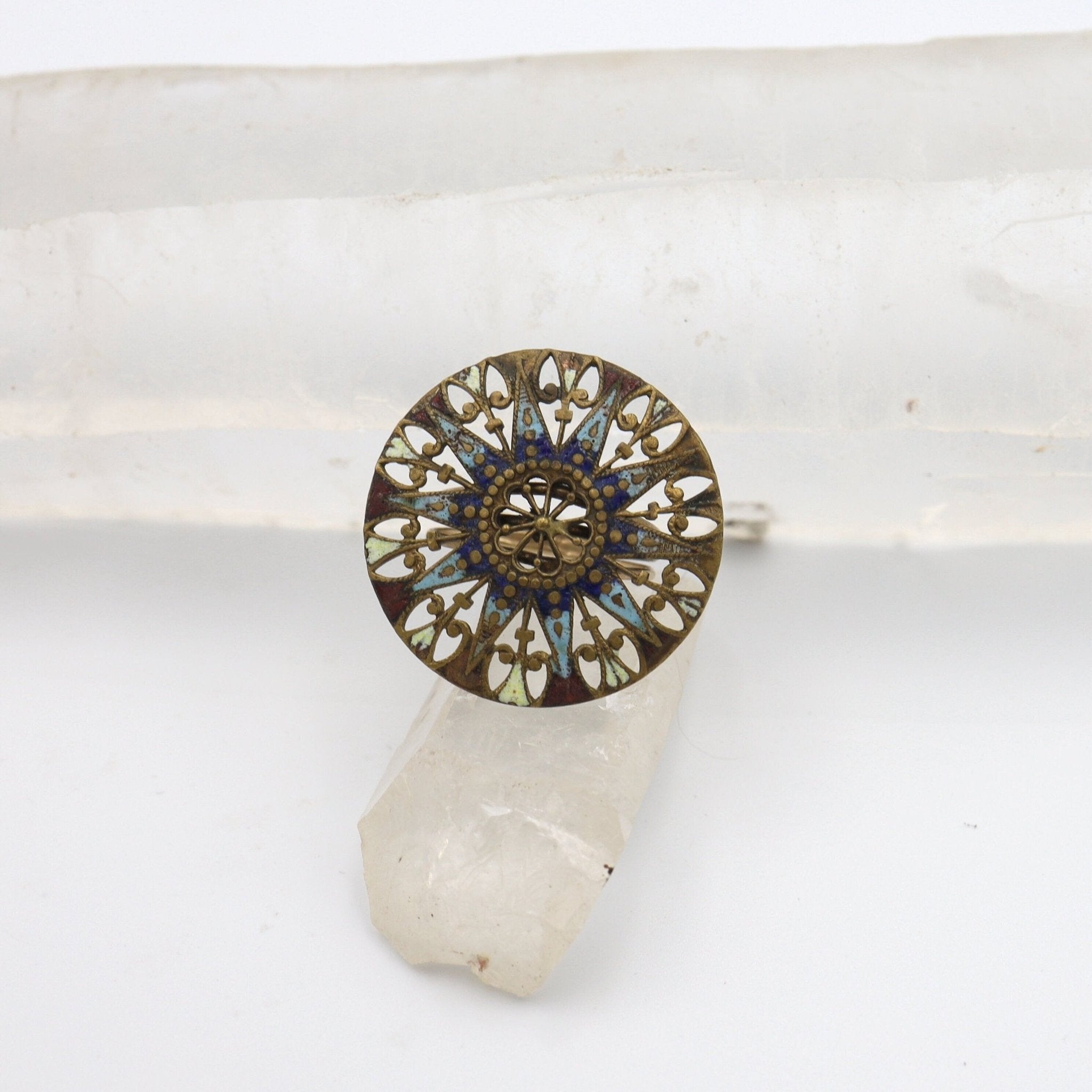 Vintage Enamel Ring with 14k Yellow Gold Band and Base Metal Top - Petra Star